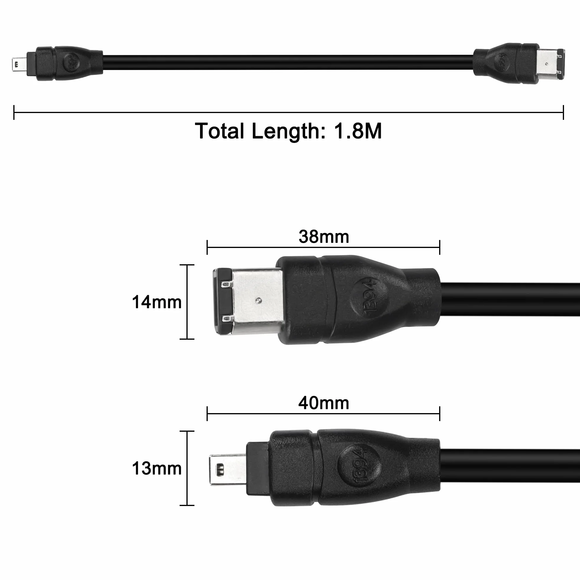MEIRIYFA Firewire IEEE 1394B wtyczka 6-stykowa do 4-pinowego kabla wtykowego, Firewire 400 do Firewire 400 4 Pin do 6 Pin High Speed 400 Mbps do drukarki, skanera, aparatu cyfrowego (1,8 m, czarna)