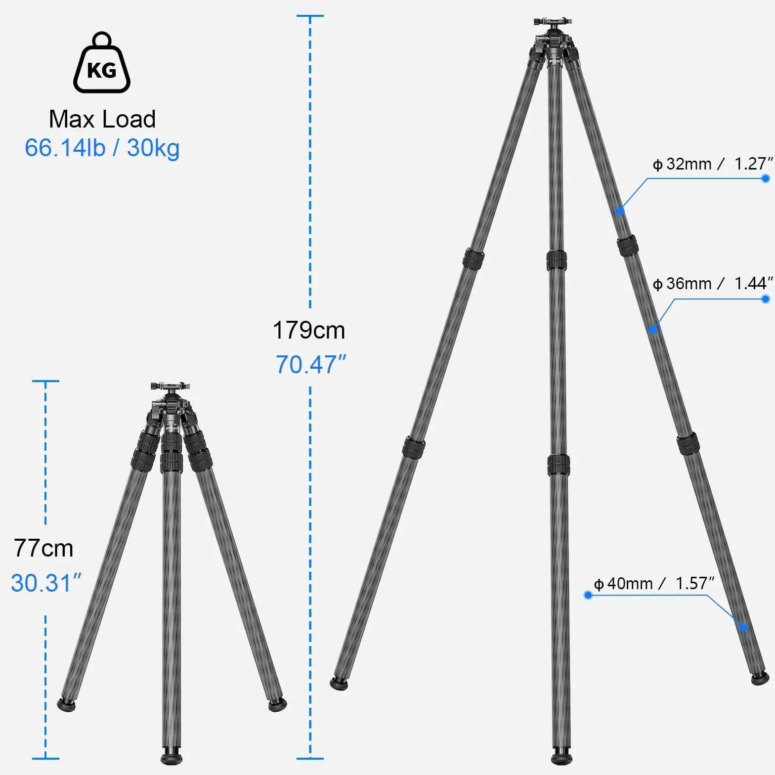 WEYLLAN HN403 statyw z włókna węglowego, z głowicą kulową 52 mm, szyną MLOK Arca Rail 80 mm, płytka QR typu Arca, adapterem Arca na Picatinny, maksymalna średnica rury 40 mm, maksymalny udźwig 30 kg