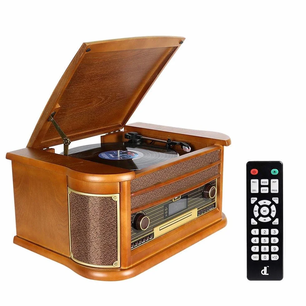 Drewniany gramofon vintage 7 w 1, odtwarzacz na kasety, płyty CD, odtwarzacz USB, odtwarzacz winylowy, Bluetooth, wbudowany system stereo, odtwarzacz z nagrywaniem, kodowanie USB, gniazdo słuchawkowe 3,5 mm, RCA AUX IN