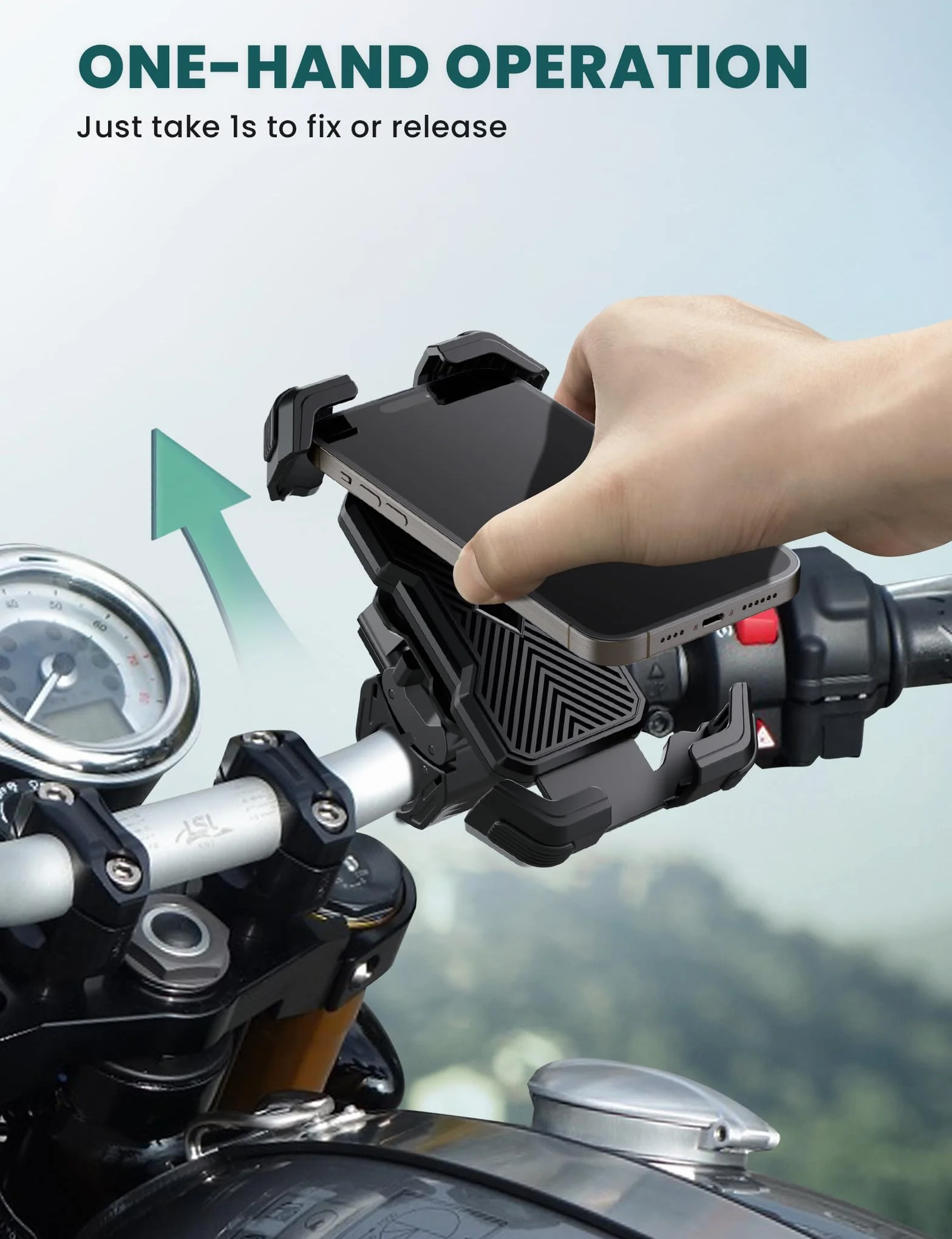 Grefay Uchwyt na telefon komórkowy do motocykla i roweru z podwójną amortyzacją drgań do iPhone 16 15 14 13 12 Pro Max, czarny