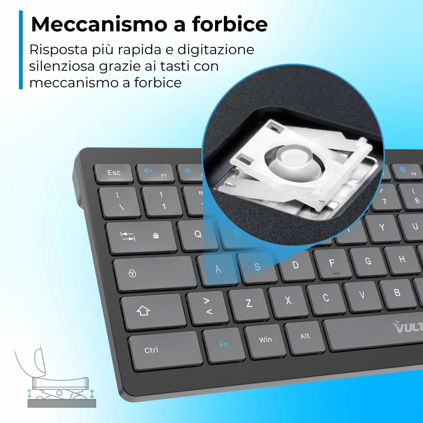 VulTech KEY-601WBT bezprzewodowa klawiatura Bluetooth do wielokrotnego ładowania 80/90 godzin ultradźwiękowy włoski układ. Ciche przyciski, 12 multimediów, kompatybilny z komputerem PC, Mac OS