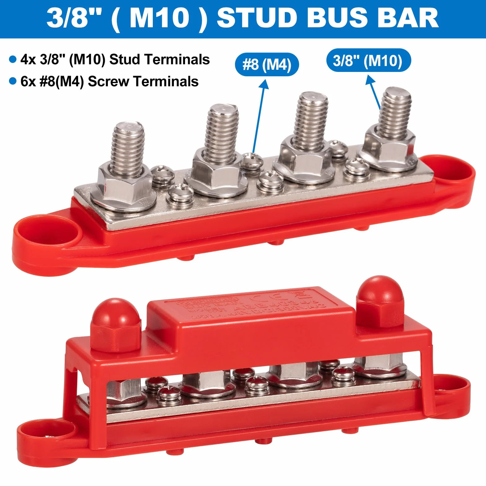 Spurtar 12V Szyna Zbiorcza Bus Bar 250A - 4x M10 Zaciski, 6x M4 Śruby, Blok Dystrybucji Zasilania 12V/24V/48V do Samochodu, Kampera, Łodzi, ATV, Przyczepy - Nie nadaje się do ciasnych przestrzeni