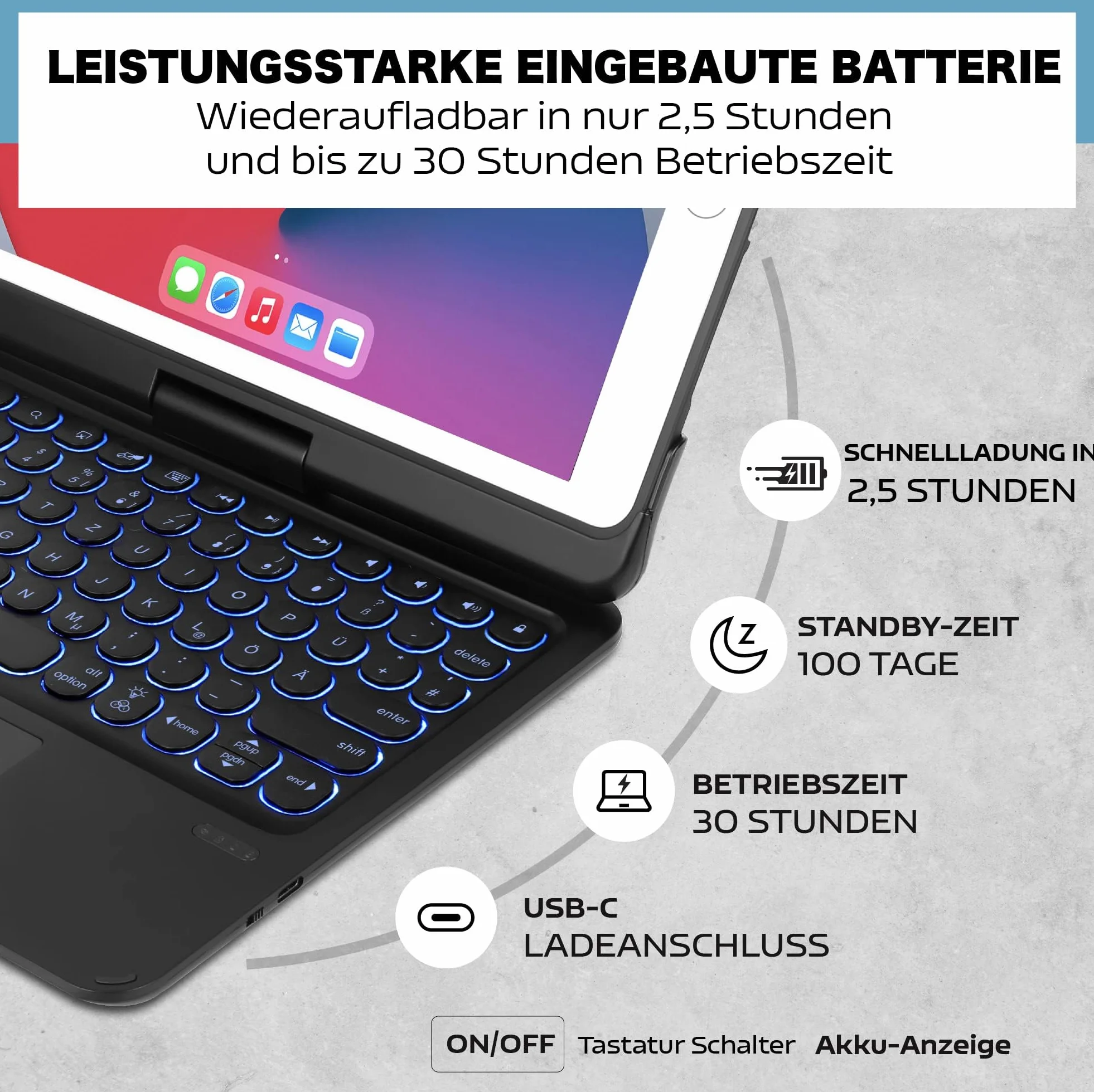 Etui na klawiaturę do iPad Pro 6/5 generacji 2018/2017 9,7", 360°, iPad Air 2/Air 1, bezprzewodowa klawiatura Bluetooth z touchpadem, 7-kolorowe oświetlenie (czarne)