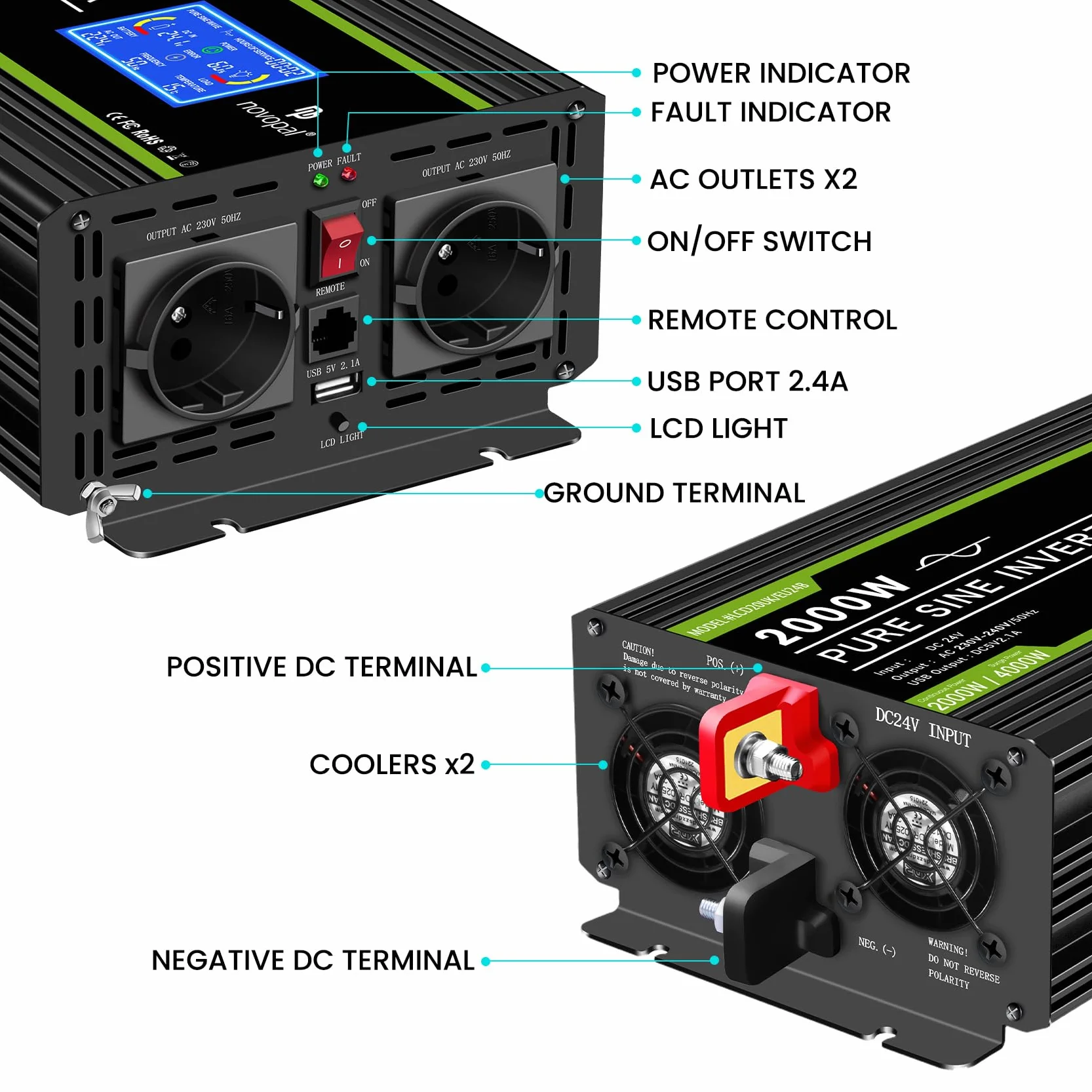 NOVOPAL Przetwornica napięcia, 2000 W, 24 V, 230 V, czysty sinus z wyświetlaczem LCD i przyłączem USB, 2 gniazda AC z wyjściem USB i pilotem zdalnego sterowania 5 m