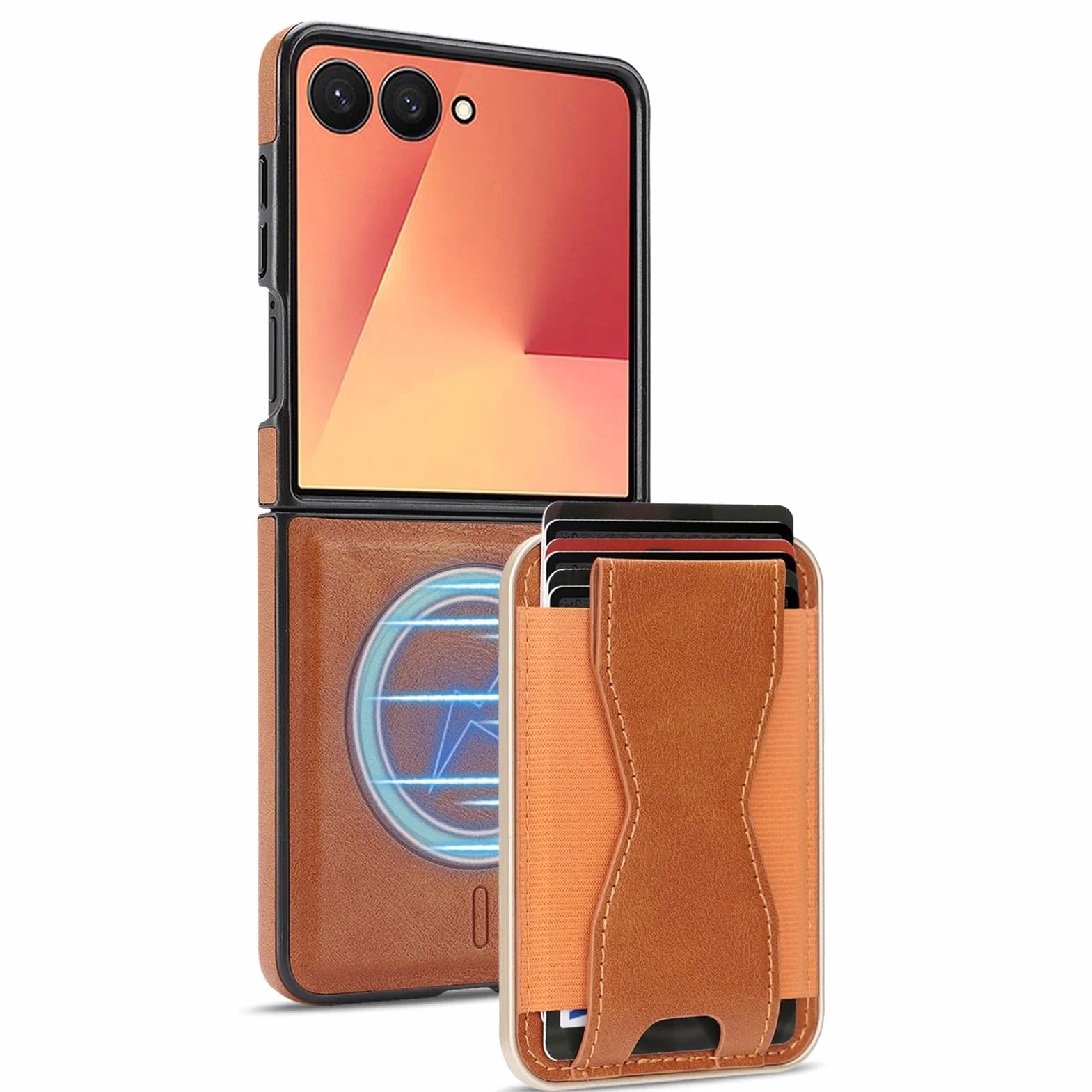 Skórzane etui z klapką do Samsung Galaxy Z Flip 8, oddzielne gniazdo na karty Funkcja stojaka, smukła obudowa do ładowania bezprzewodowego, pomarańczowa, z klapką 8