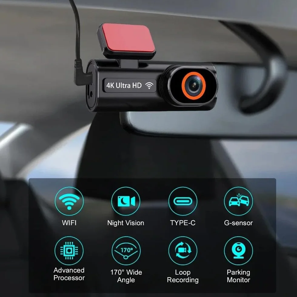 Kamera samochodowa 4K z nagrywaniem w pętli, 24-godzinnym monitorowaniem parkowania, nagrywarka 1080P z trybem nocnym, tylna kamera, obsługuje WiFi i GPS,None