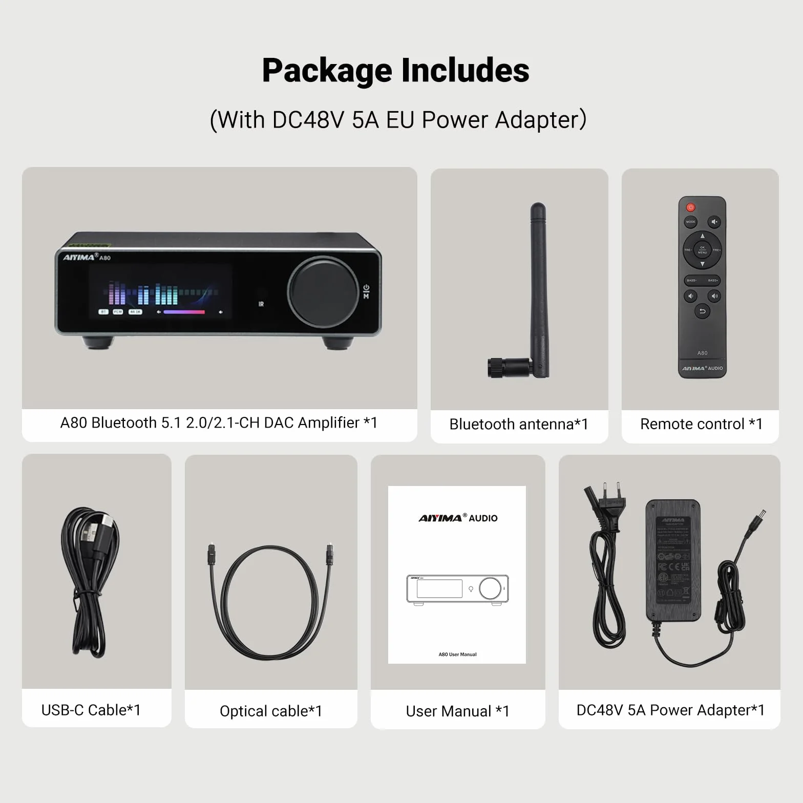 AIYIMA A80 Wzmacniacz mocy DAC TPA3255D2 Stereo HiFi 2.0 Kanał klasy D wzmacniacz Bluetooth 300Wx2 deoder ESS9038Q2M z PC-USB Koncentryczny optyczny TRS Wejście RCA