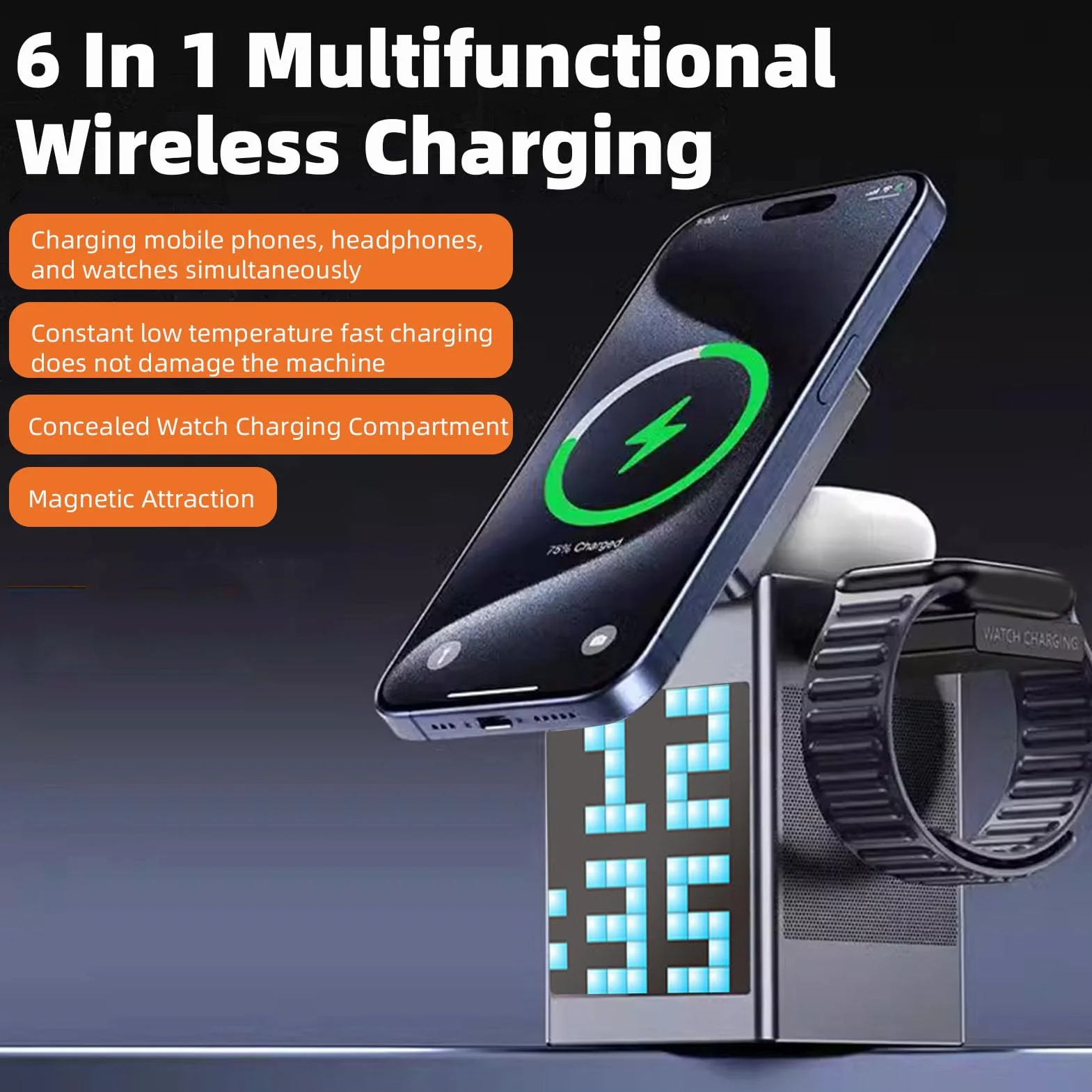 Bewinner Bezprzewodowa Stacja ładująca 6 w 1 z Głośnikiem Bluetooth, Wyświetlaczem z animacją Pikseli, Budzikiem, ładowarką do Wielu urządzeń do Słuchawek Telefonicznych i Zegarka