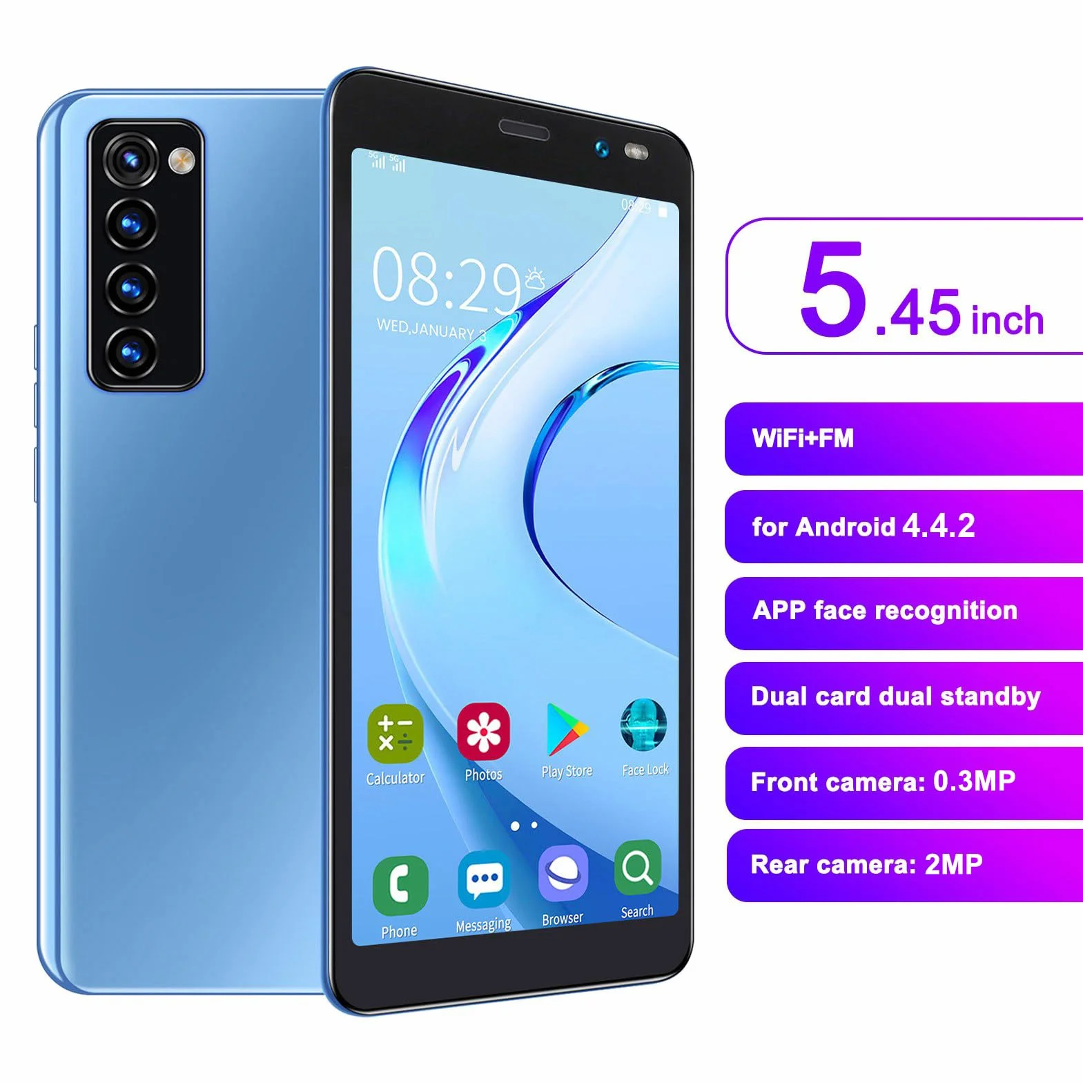 Rino4 Pro Smartfon, 5,45-calowy Pełnoekranowy HD MTK6572 Dwurdzeniowy Procesor Face Unlock, Wi-Fi, BT, FM Podwójne Karty Smartfon Z Podwójnym Trybem Gotowości Dla Androida 4.4.2(Niebieski)