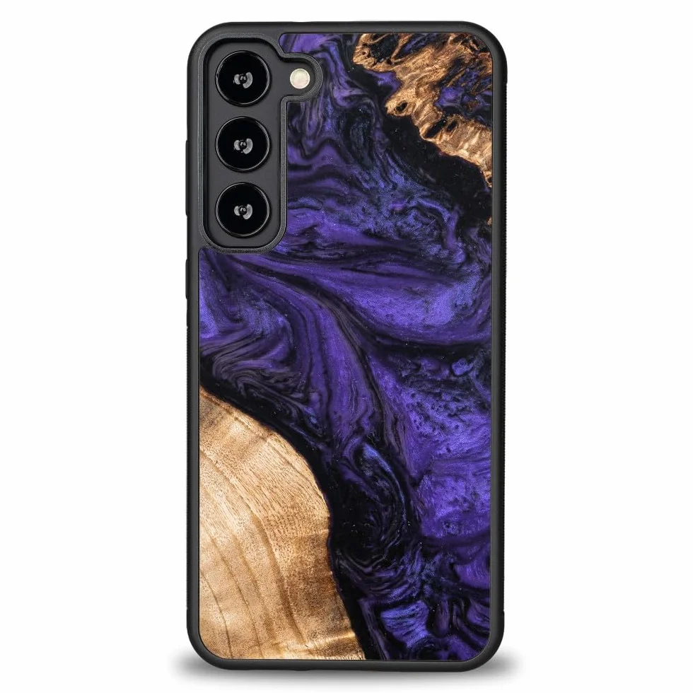 Unikalne etui kompatybilne z Samsung Galaxy S23 Plus, ręcznie wykonane etui ochronne z naturalnego drewna i żywicy, fioletowe, odporne na uderzenia i antypoślizgowe