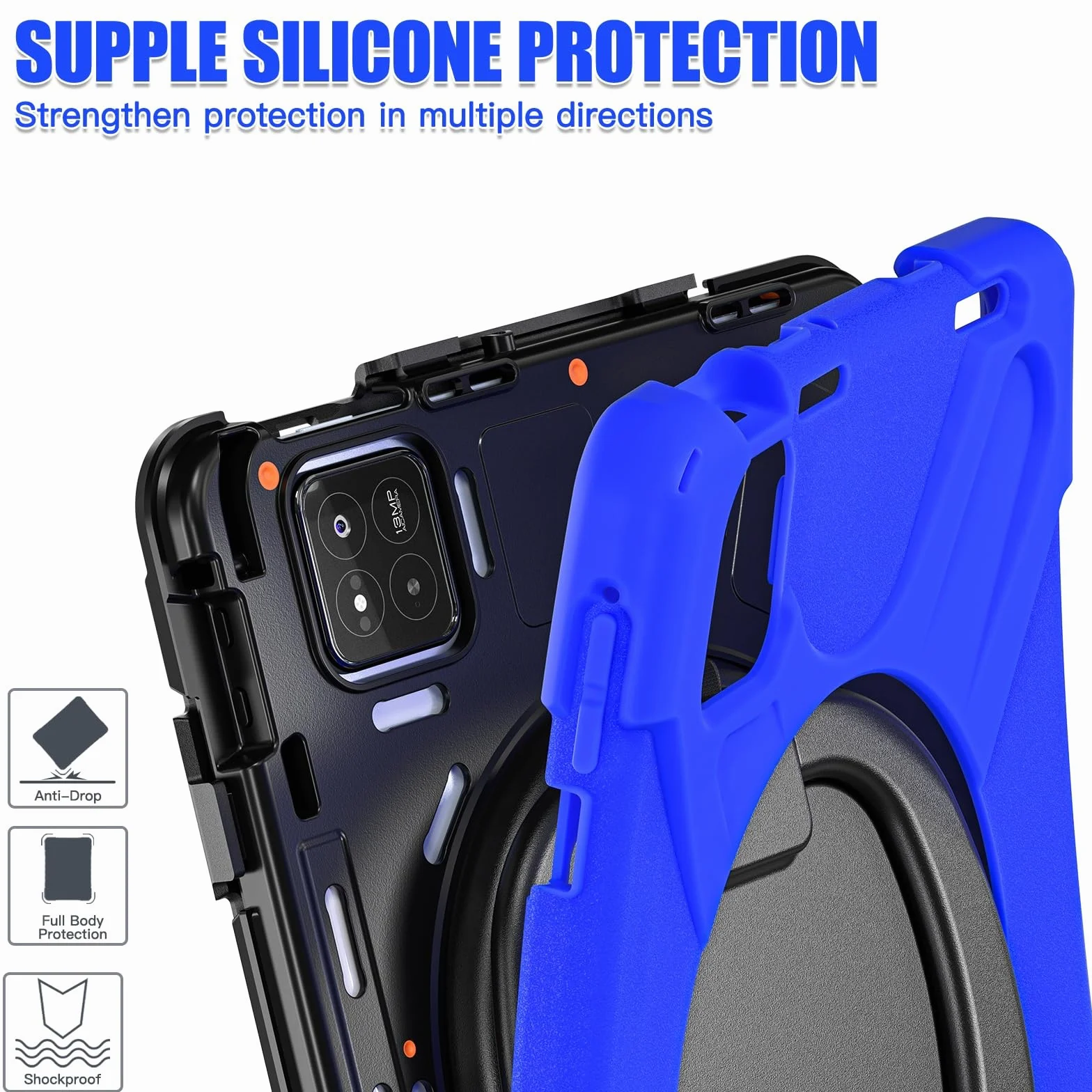 Pełne etui ochronne Etui na Xiaomi Mi Pad 8 / Mi Pad 8 Pro 11,2" 2025, odporne na wstrząsy, wytrzymałe etui z obrotową podpórką 360°, paskiem na rękę/ramię, wytrzymała obudowa na tablet(Blu)