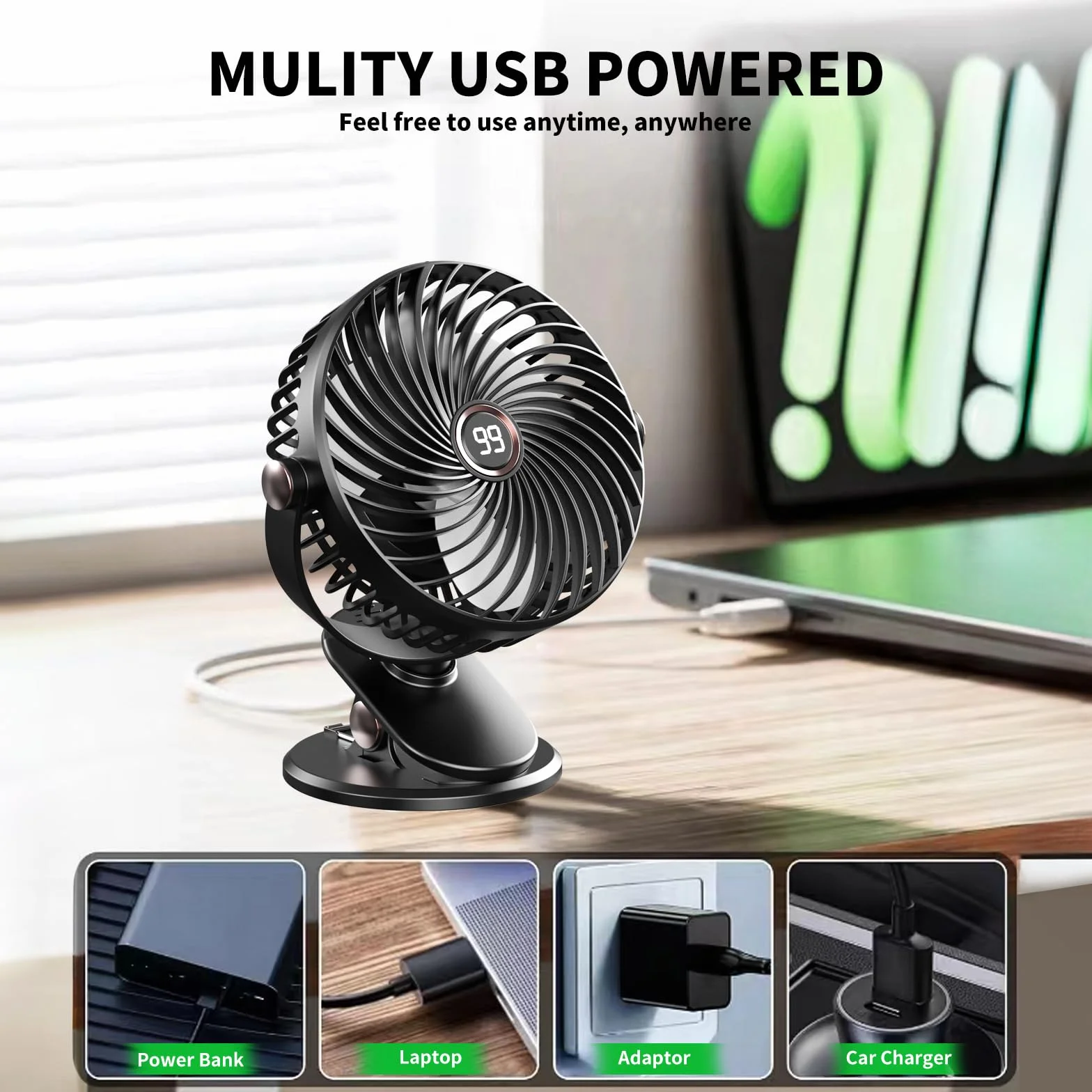 Wentylator stołowy USB, wentylator USB z wyświetlaczem LCD, mini wentylator z 5 regulowanymi prędkościami, cichy wentylator z regulacją 720°, przenośny wentylator do biura, domu, podróży (czarny)