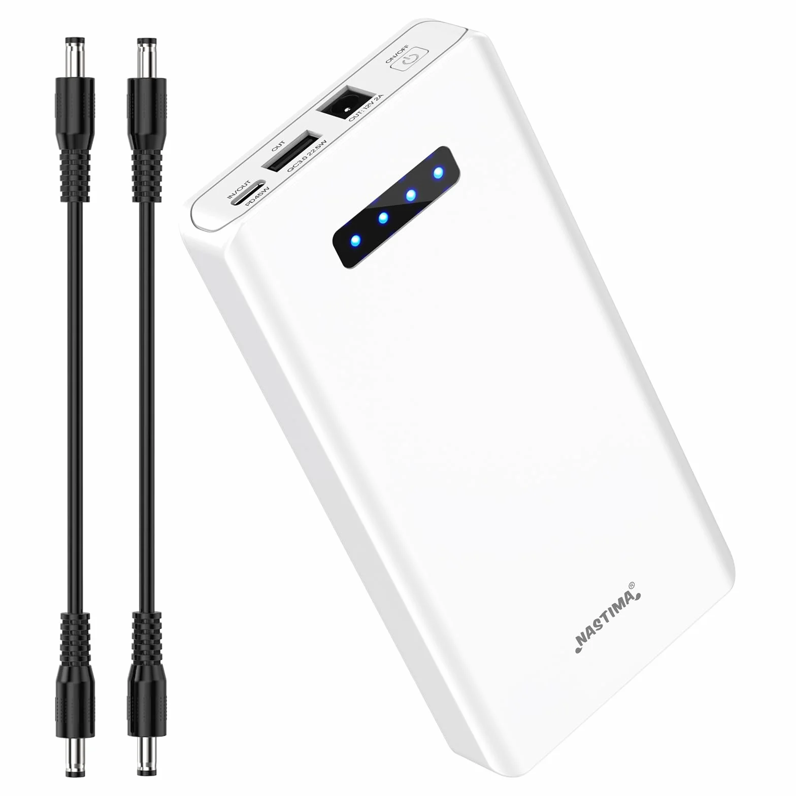 NASTIMA Power Bank 12 V 5200 mAh 56,16 Wh akumulator litowo-jonowy z wyjściem 12 V DC i 12 V 5 V USB-A QC3,0 45 W typu C potrójne wyjście do taśm LED, kamer CCTV, kamer, lornetek