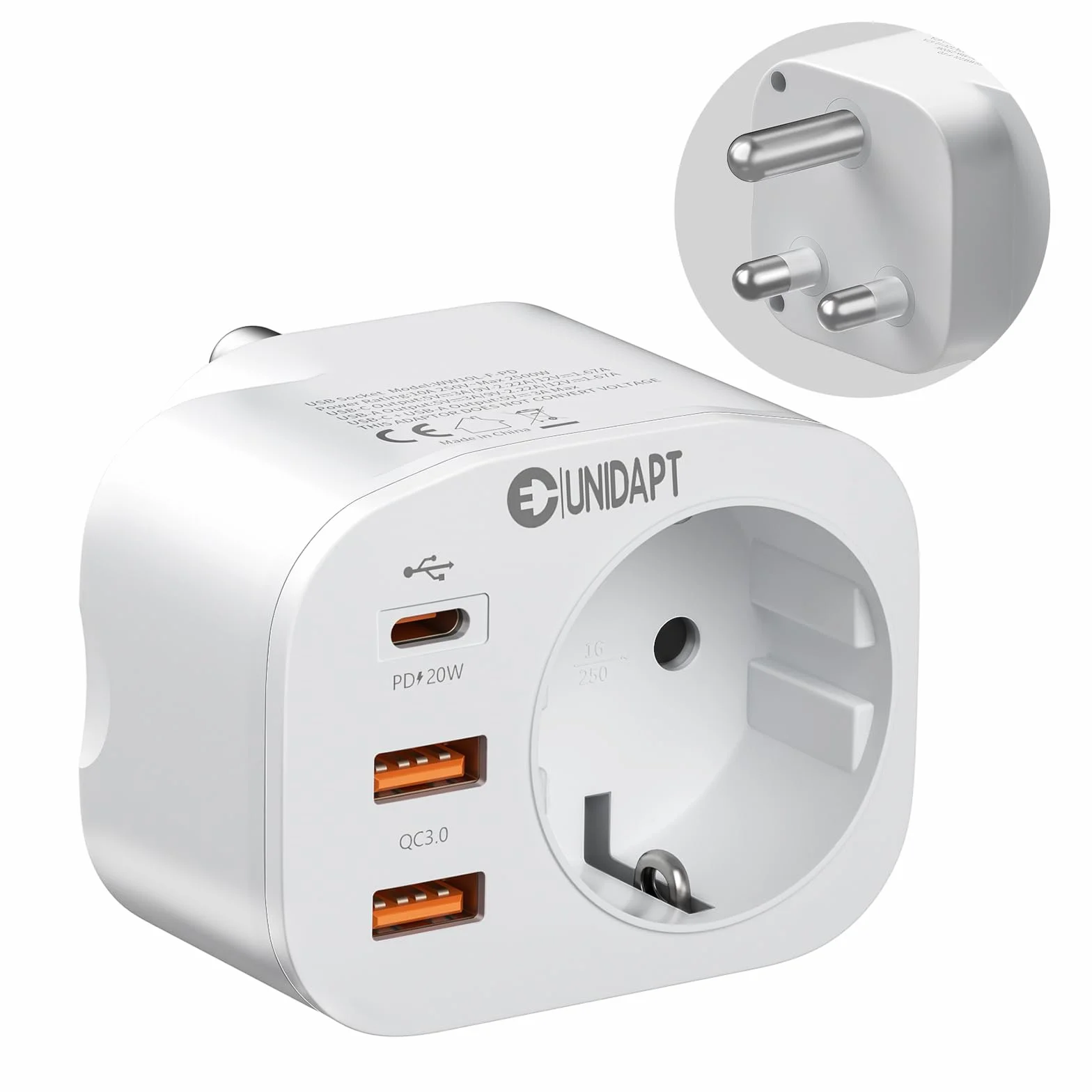 Unidapt Adapter Niemcy do RPA, adapter podróżny typ M z 3 USB i 1 USB C 20W PD, adapter do gniazdka dla RPA Namibia, Lesotho, Mozambik