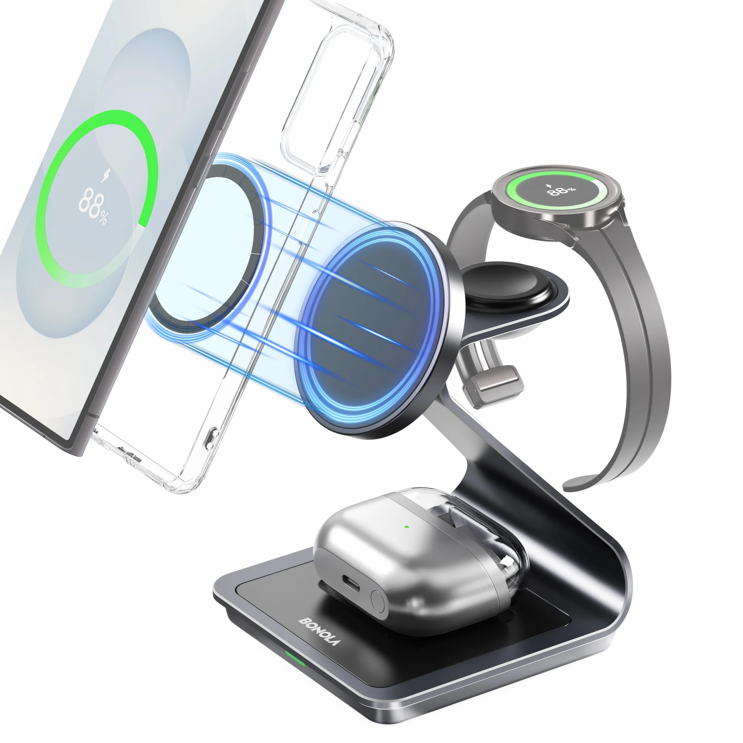 Bezprzewodowa ładowarka do Samsunga: Magnetyczna bezprzewodowa stacja ładująca 3 w 1 do Samsung S25 S24 Ultra S23 S22 S21, stojak do ładowania ze stopu aluminium do Galaxy Watch Ultra/7/6/5/4