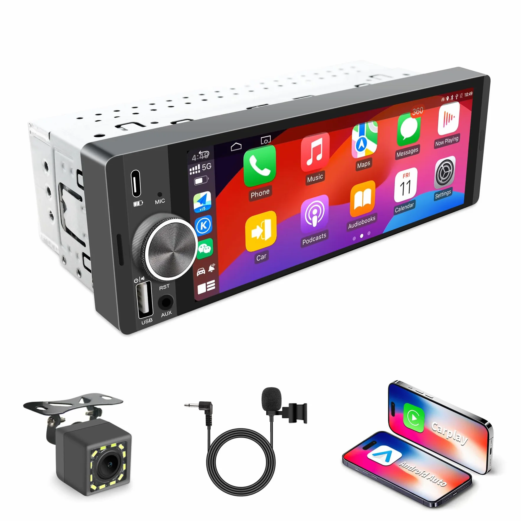 Radio samochodowe 1-DIN 6,28" ekran dotykowy z bezprzewodowym CarPlay i Android Auto, Bluetooth, WLAN, MirrorLink, FM, USB-C, korektor i złącze do kamery cofania, sterowanie kierownicą
