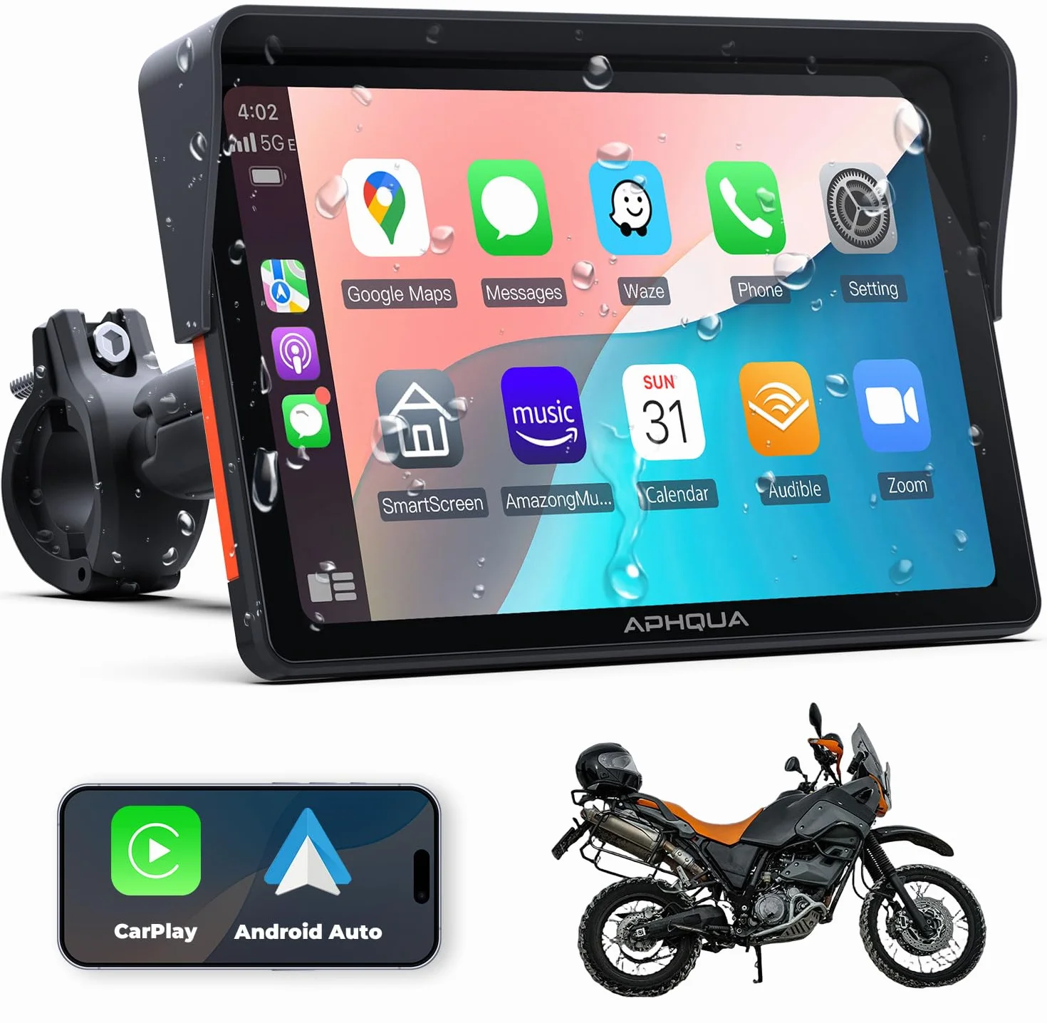 Ekran motocyklowy 7" CarPlay i Android Auto bezprzewodowy – wodoodporny ekran dotykowy IP67 do motocykli z nawigacją GPS, Bluetooth Trans, Siri, zestaw głośnomówiący – Model A722