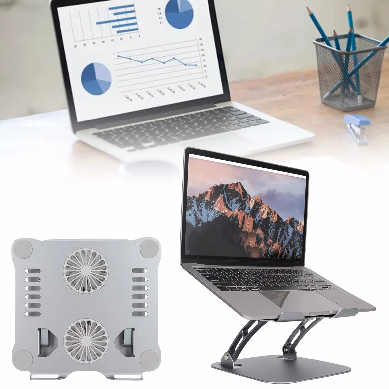 KUIDAMOS Składana Podstawka Chłodząca do Laptopa z Dwoma Wentylatorami Wytrzymała i Przenośna, Ergonomiczna Regulacja Wysokości dla Laptopów o Przekątnej od 10 do 17,3 Cala (Kosmiczna szarość)