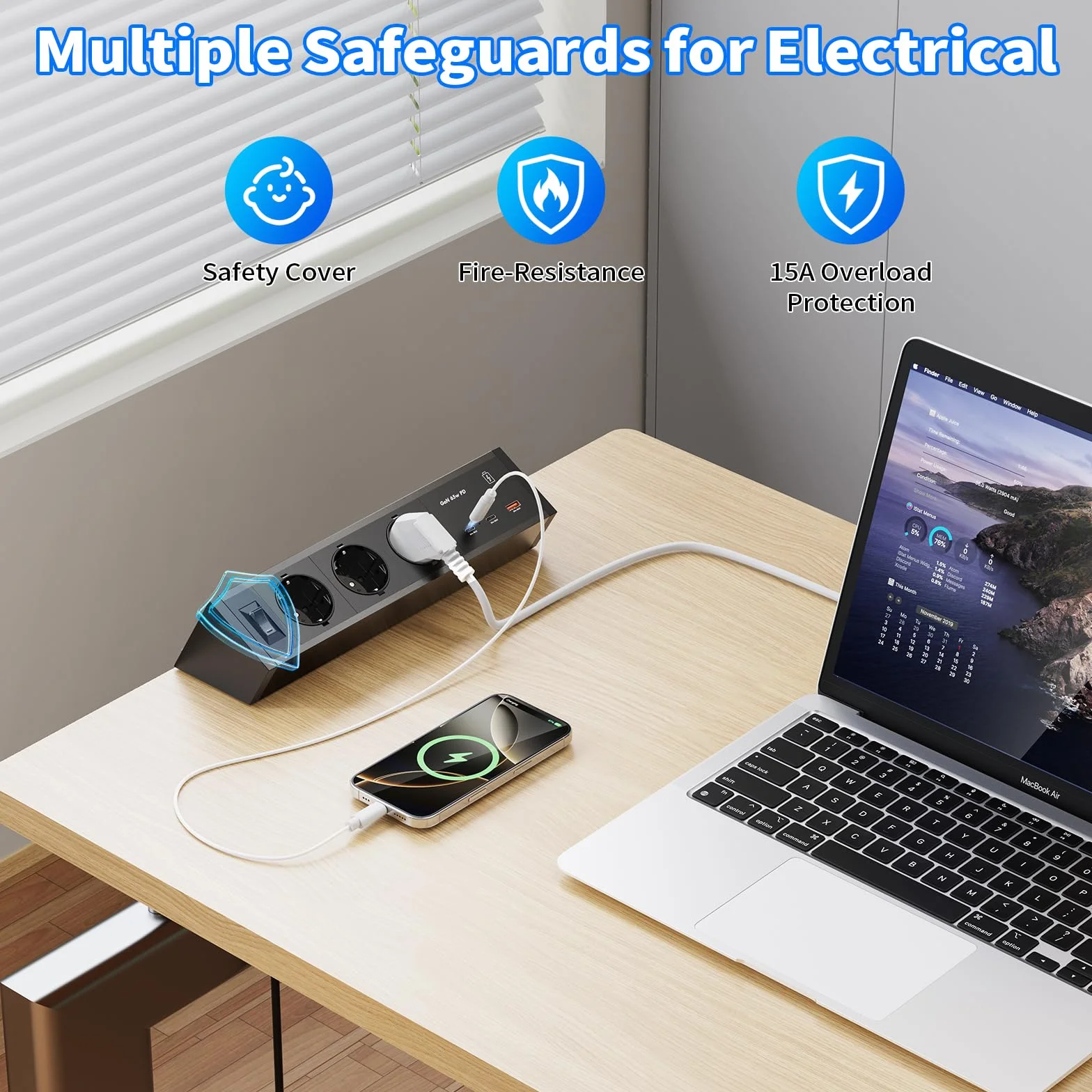 Gniazdo wtykowe stołowe z USB-C PD 65 W GaN, 3-krotna listwa zasilająca na biurko, listwa zasilająca do zaciskania z aluminiową obudową, do biura i domowego biura, 25 W USB-A, kabel 3 m, czarne