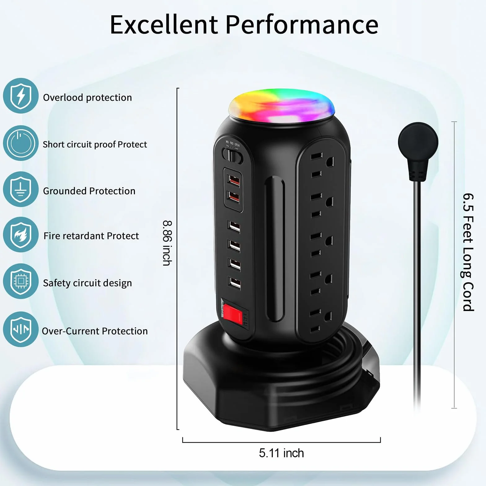 Wieża zasilająca z kolorową lampką nocną, 15 gniazd, 6 portów USB, ochrona przeciwprzepięciowa z szybką ładowarką USB i przedłużaczem o długości 6,5 m, ochrona przed przepięciami