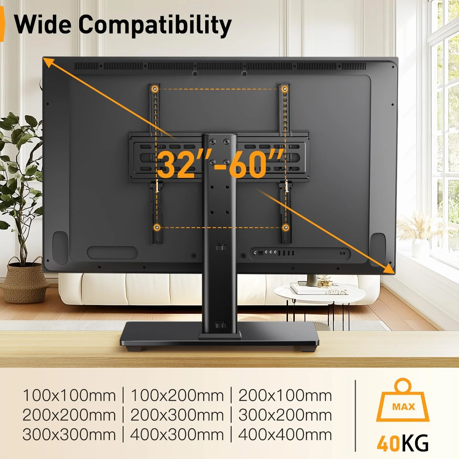 Perlegear Uniwersalny stojak pod telewizor OLED LCD o przekątnej 32-60", do płaskich i zakrzywionych telewizorów o przekątnej do 40 kg, maks. VESA 400 x 400 mm, regulacja wysokości i stabilna podstawa