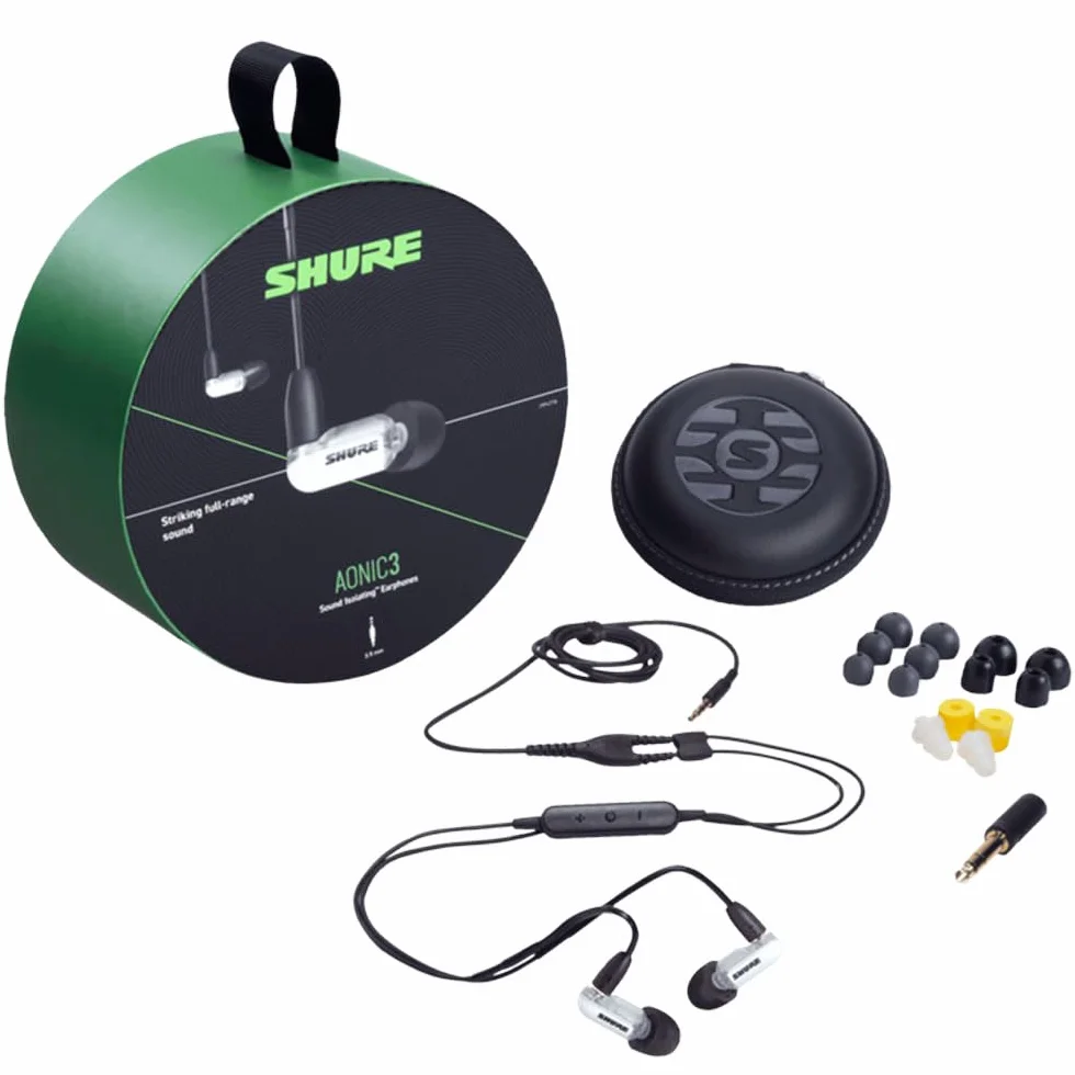 Shure AONIC 3 przewodowe słuchawki izolujące dźwięki, wyraźny dźwięk, pojedynczy sterownik, dopasowanie do uszu, zdejmowany kabel, trwała jakość, kompatybilne z urządzeniami Apple i Android - biały