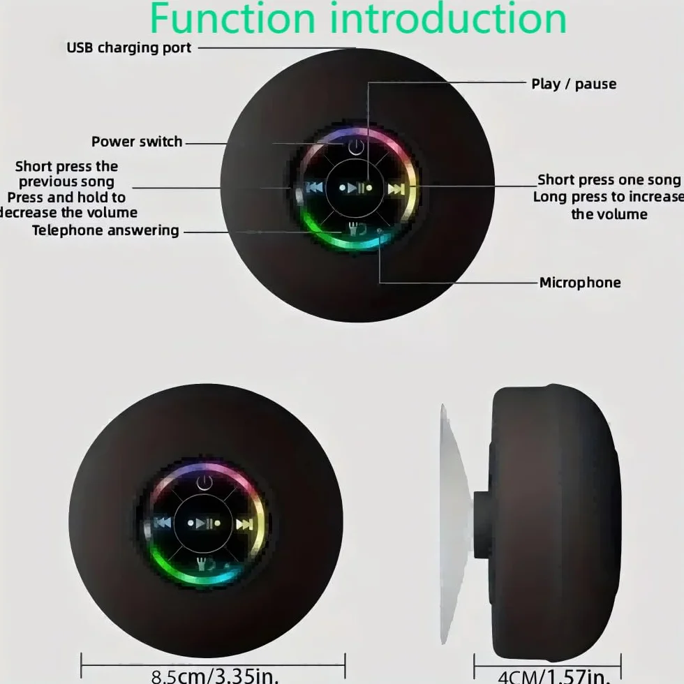 Głośnik Bluetooth Wodoodporny z Przyssawką i Światłem RGB - Przenośny Bezprzewodowy Stereo Basowy do Podróży, Łazienki, Prysznica i na Zewnątrz