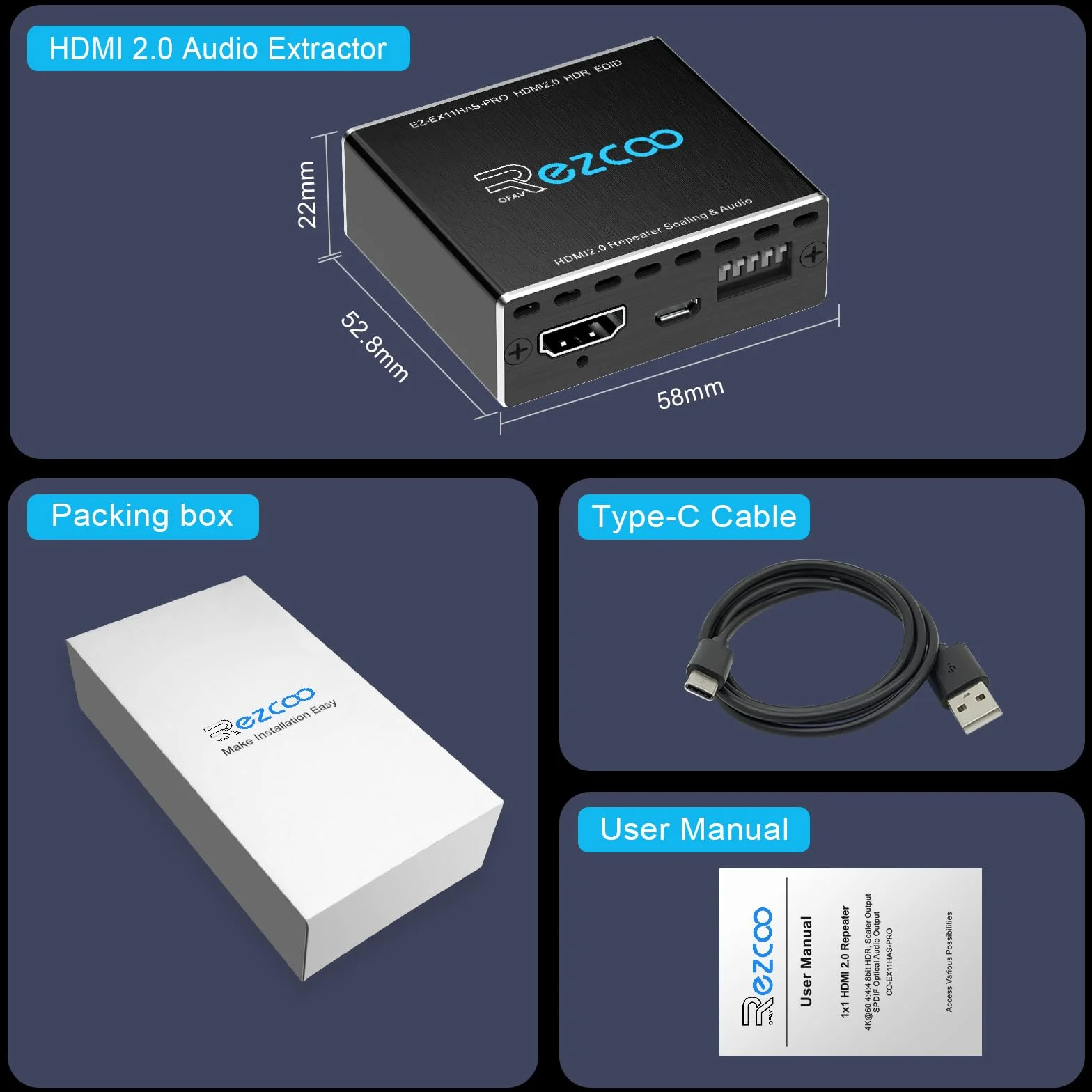 HDMI 4K 60Hz 1080P 120Hz PS5 HDCP 2.2 CEC D-olby Vision HDR, optyczna rozpad SPDIF 5,1CH+3,5 mm stereo L/R Audio Breakout, dekoder audio Dolby Digital Audio, zarządzanie EDID