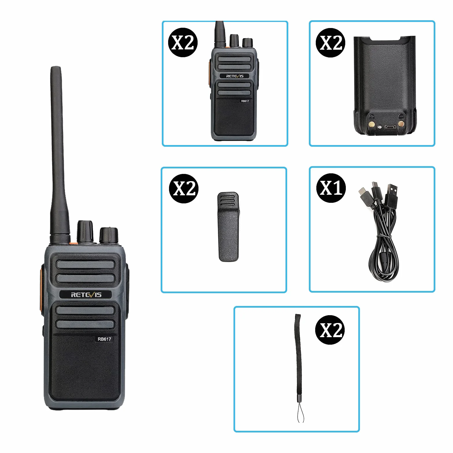 Retevis RB617 Walkie Talkie Akumulatorowe Radia, 4400 mAh z Kablem USB 2-w-1 Type-C, PMR446 VOX, Alarm Awaryjny, Radiotelefony i Krótkofalówki do Wysyłki, Wędrówek (Czarne i Szare, 2 Sztuki)