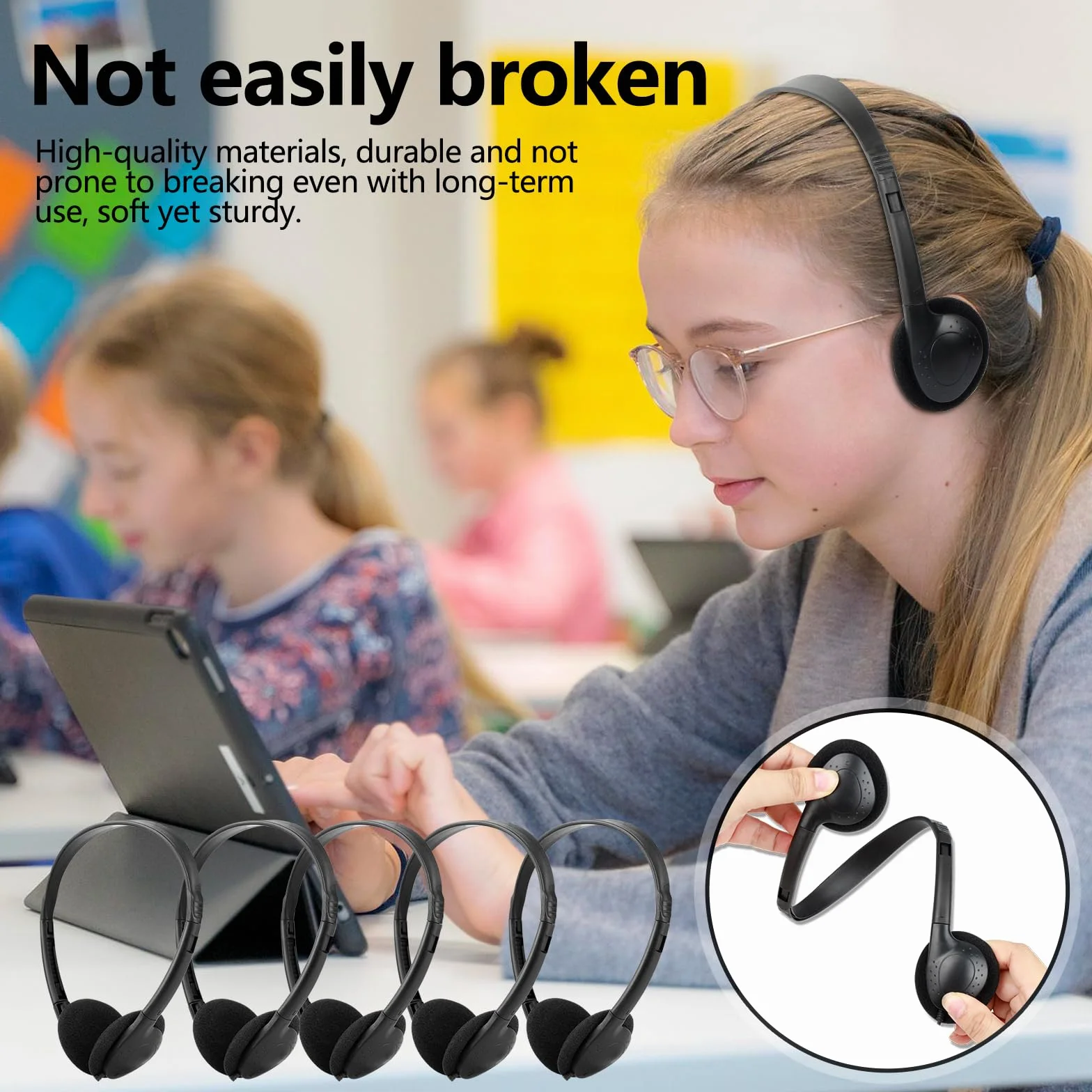 Słuchawki typu C luzem, do klasy, szkoły, dzieci, 10 sztuk, przewodowe słuchawki USB C do szkoły, kompatybilne z podkładkami, smartfony, czarne (B)