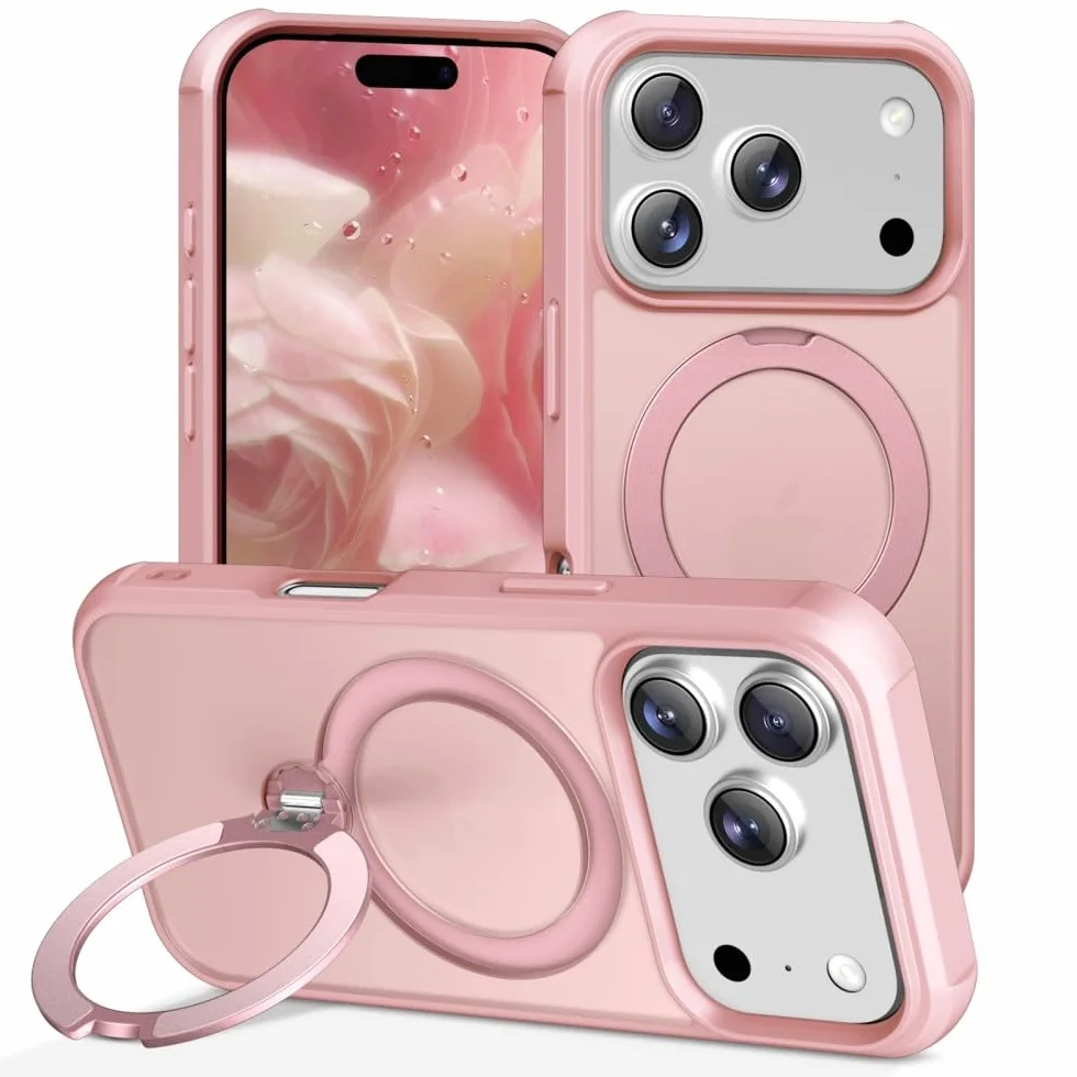 Generic etui kompatybilne z iPhone 16 (kolor: różowy) obudowa obrotowy pierścień uchwyt twarda silikonowa tylna pokrywa