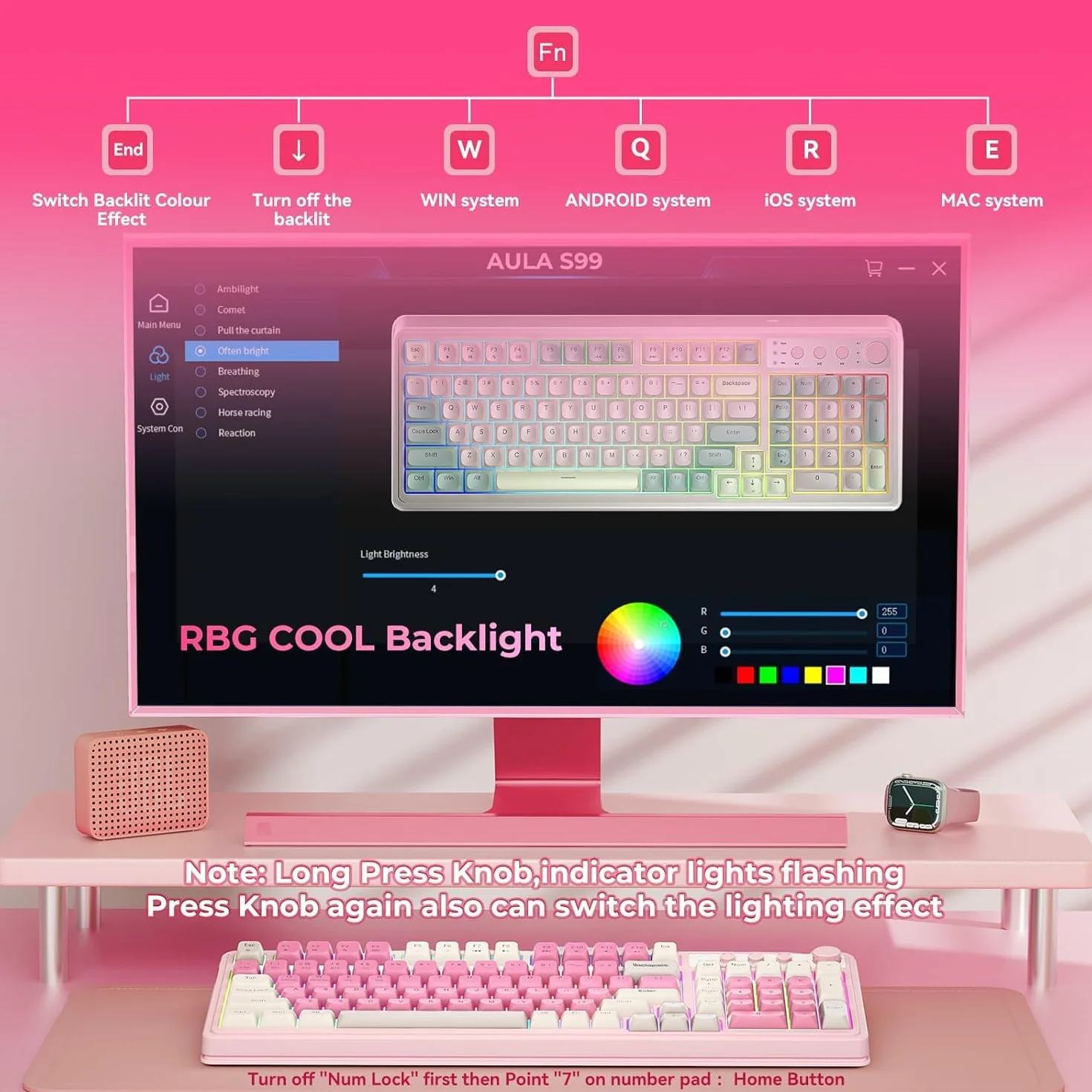TZMRIT Aula S99 klawiatura do gier, bezprzewodowa klawiatura komputerowa, Tri-Mode Bluetooth/2,4 GHz/USB-C niestandardowa kremowa klawiatura z numerami, podświetlenie RGB, przycisk Media (różowy)