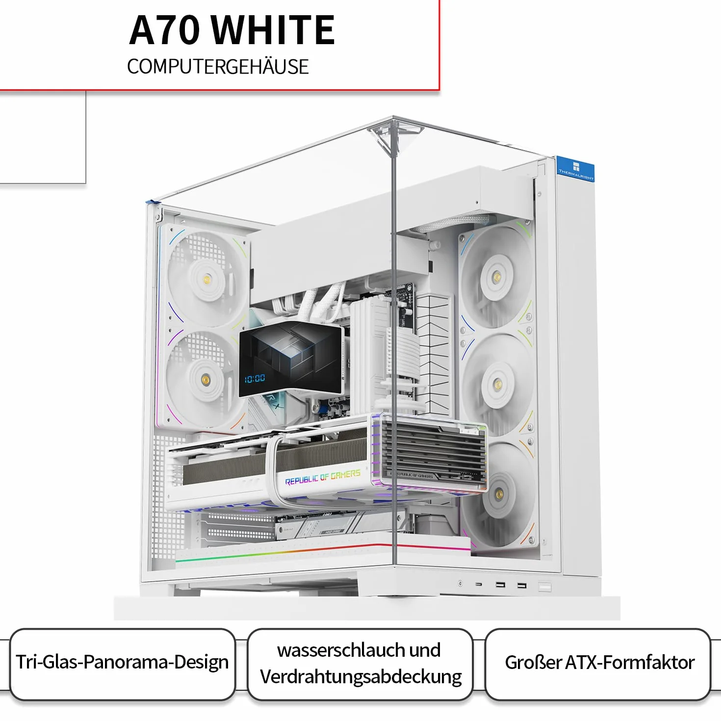 TR-Thermalright A70 biała panoramiczna obudowa przeszklona ukryte zarządzanie kablami + montaż bez użycia narzędzi, obsługuje płyty główne ATX, M-ATX oraz karty graficzne do 420 mm, zaprojektowana do