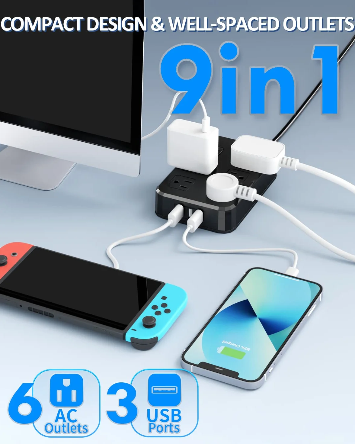 IPX6 Outdoor Power Strip Proof, wodoodporna ochrona surge Protector z 6 szerokimi gniazdami z 3 portami USB, przewód przedłużający o długości 10 ft, montowany na ścianie do dekoracji zewnętrznych i