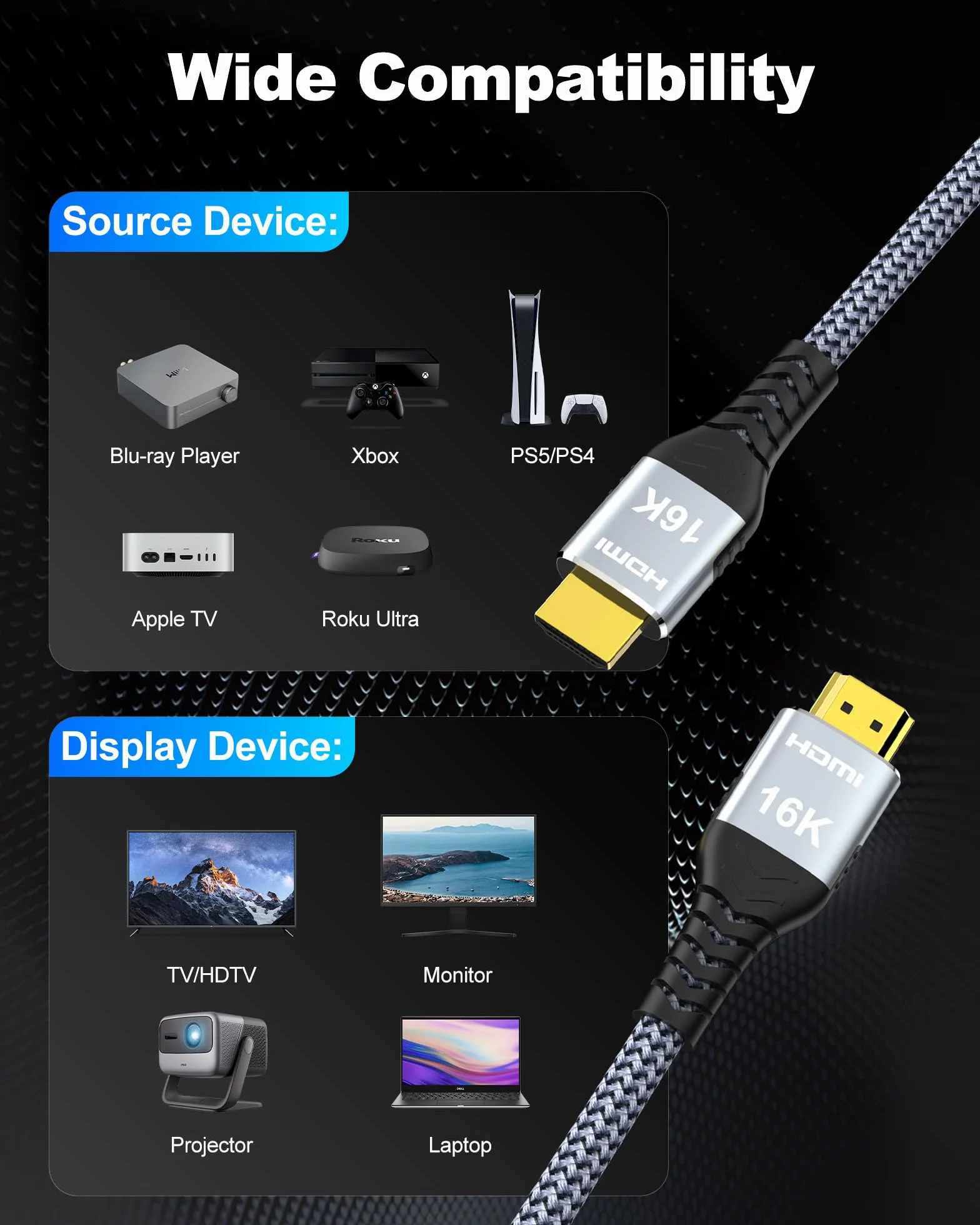 Kabel HDMI 2.2, 16K, 10K, 8K, 96 Gb/s, ultra wysoka prędkość 16 przy 60 Hz, 8K przy 240 Hz, 4K przy 480 Hz, pleciony przewód HDMI, HDCP 2.2 i 2.3, Dynamic HDR, eARC, kompatybilny z monitorem