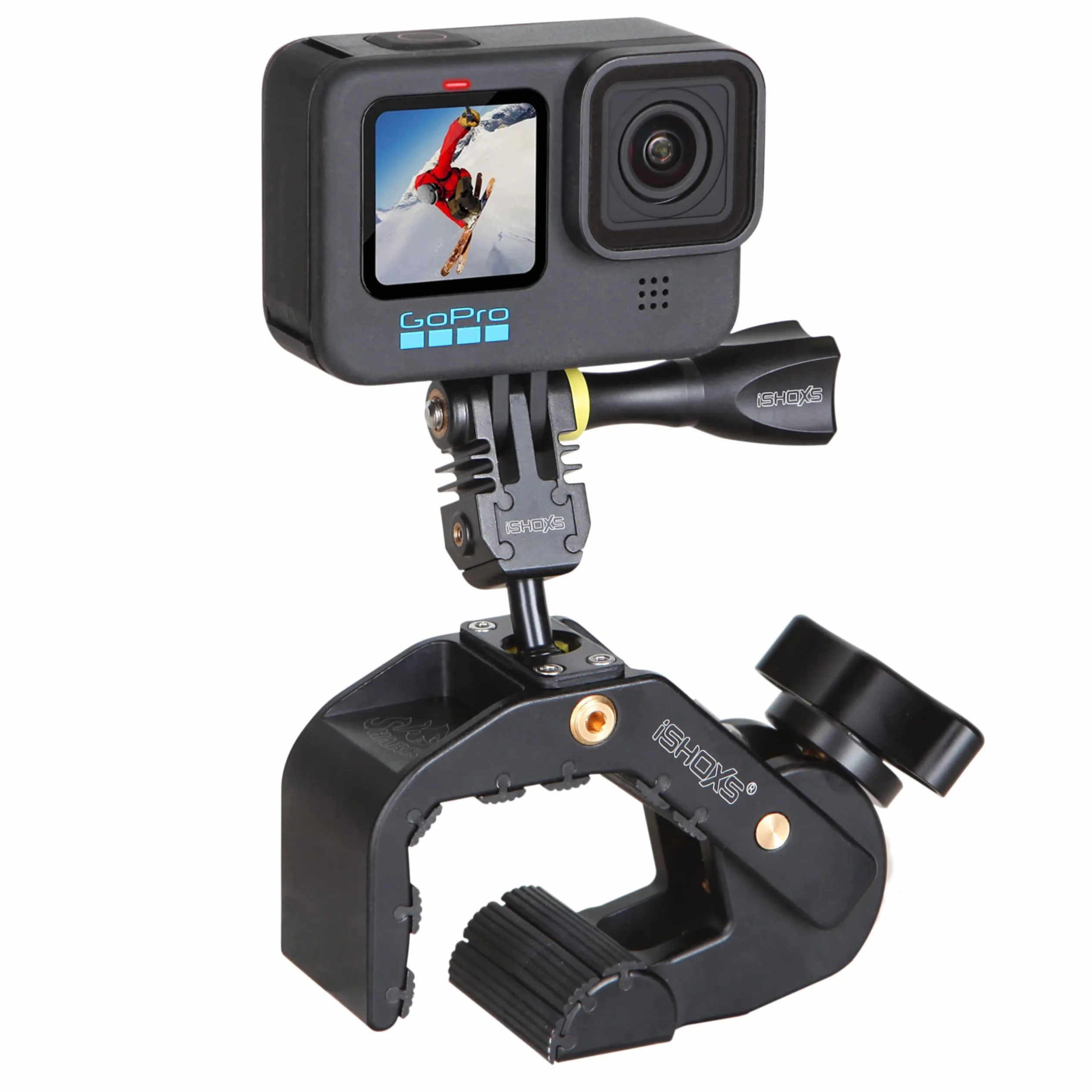 Shark – Solidny uchwyt do GoPro i kamer akcji | Dla profili Ø 28-65 mm (okrągłych lub płaskich) | Aluminium CNC, mocne trzymanie | Idealny do motocykli, MTB, rowerów, outdooru i przygód
