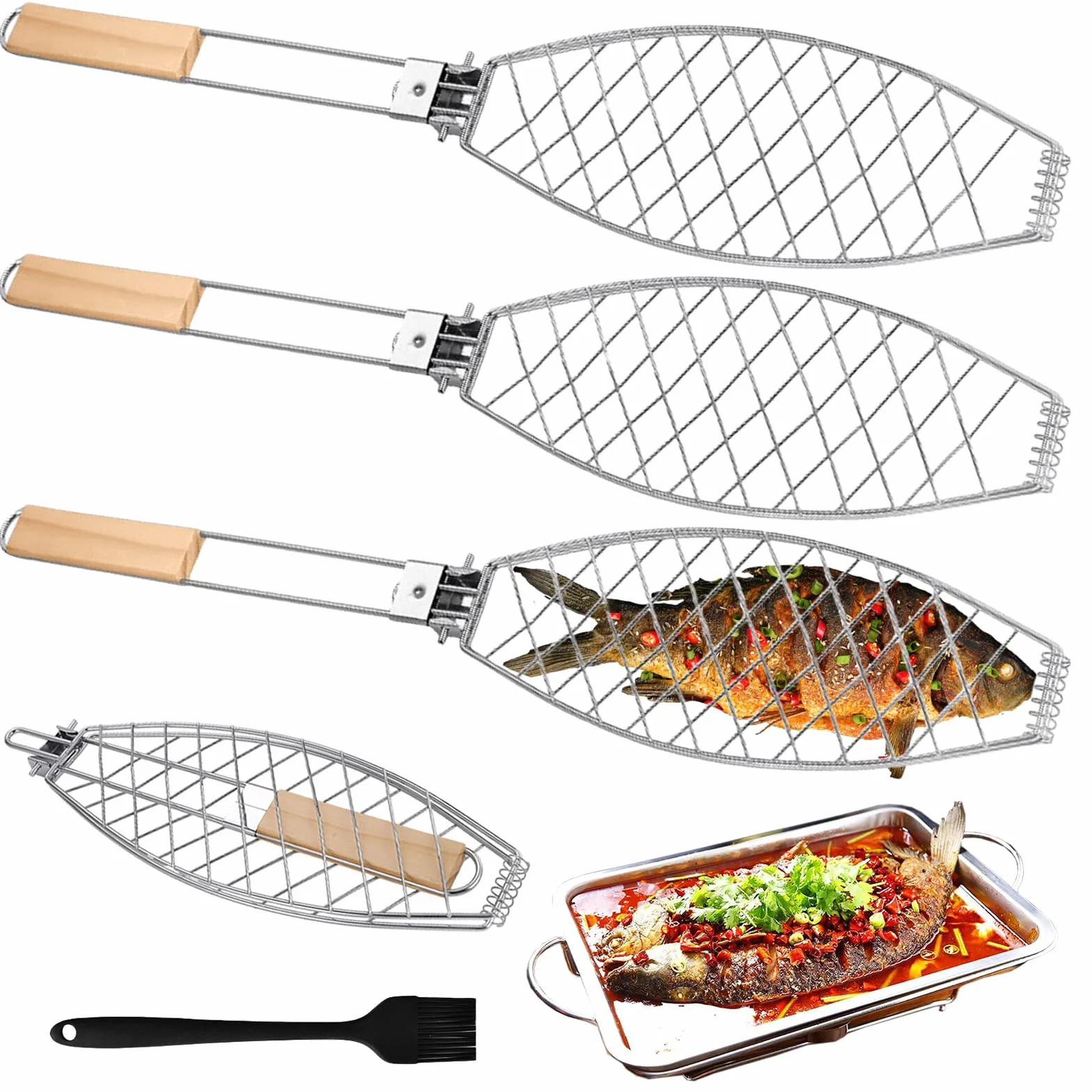 Drewniany uchwyt do grillowania 3 sztuki 63x12 cm pojemnik na ryby szczypce kosz BBQ