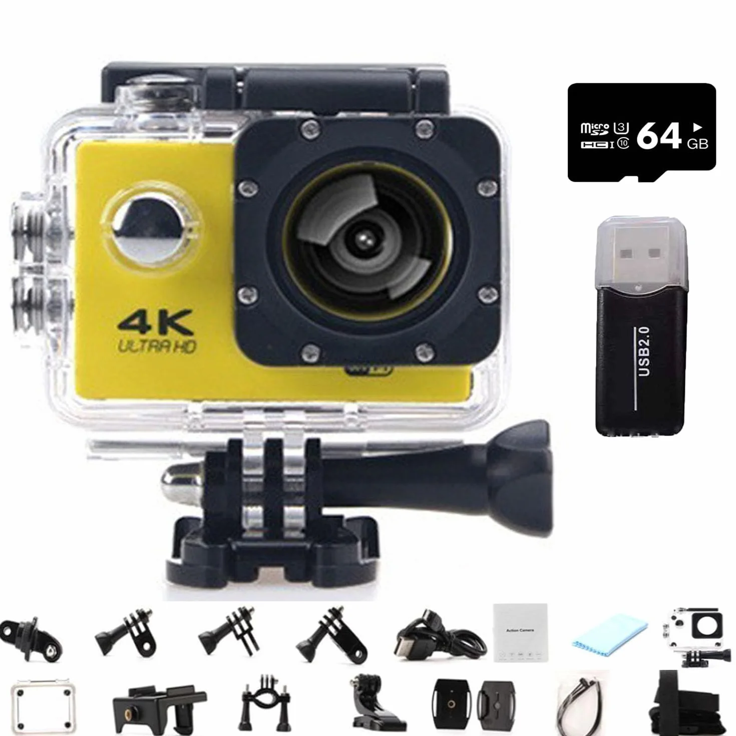 Roamix Vision kamera sportowa 4K, ultraszerokokątna kamera WiFi 140°, outdoorowe, wodoodporne kamery sportowe dla entuzjastów fotografii i nurkowania, nagrywanie każdej chwili życia (żółty, 64G)