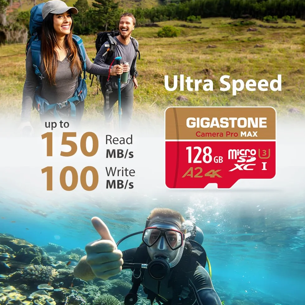 GIGASTONE 128 GB karta micro SD Camera Pro MAX, do 120/80 MB/s, karta pamięci MicroSDXC do DJI, Gopro, Insta360, Dashcam, wideo 4K UHS-I A2 V30 U3 C10 z adapterem