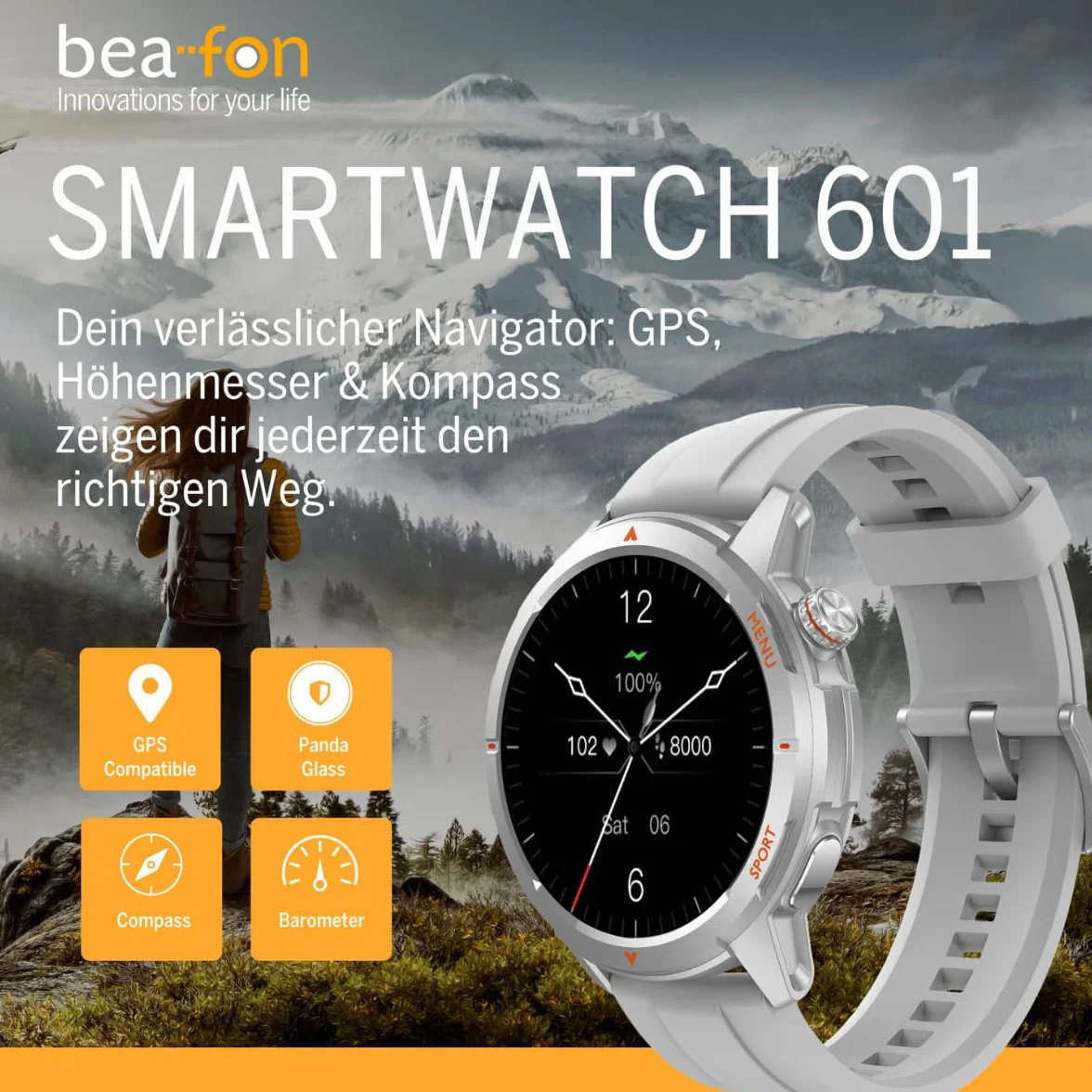 Beafon, Smartwatch 601, zegarek na rękę, wyświetlacz AMOLED 3,63 cm, szkło panda, kompas, wysokościomierz, IP68, 5ATM, tryb sportowy, tętno, tlen we krwi, krokomierz, połączenia Bluetooth, GPS