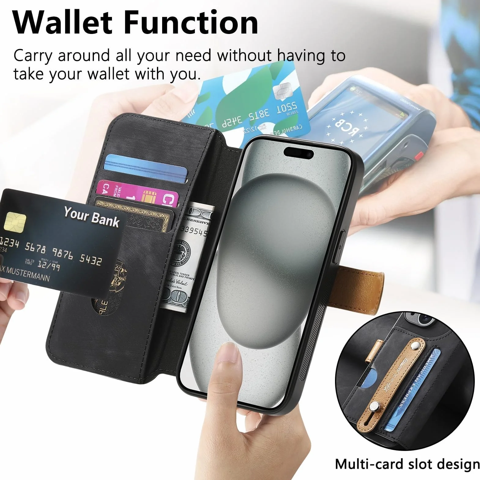 Generisch Etui na telefon komórkowy iPhone 16/16 Plus/16 Pro / 16 Pro Max, etui z klapką, etui na telefon komórkowy, blokujące gniazdo kart RFID, pasek na rękę, etui ze skóry zapobiegającej upadkowi