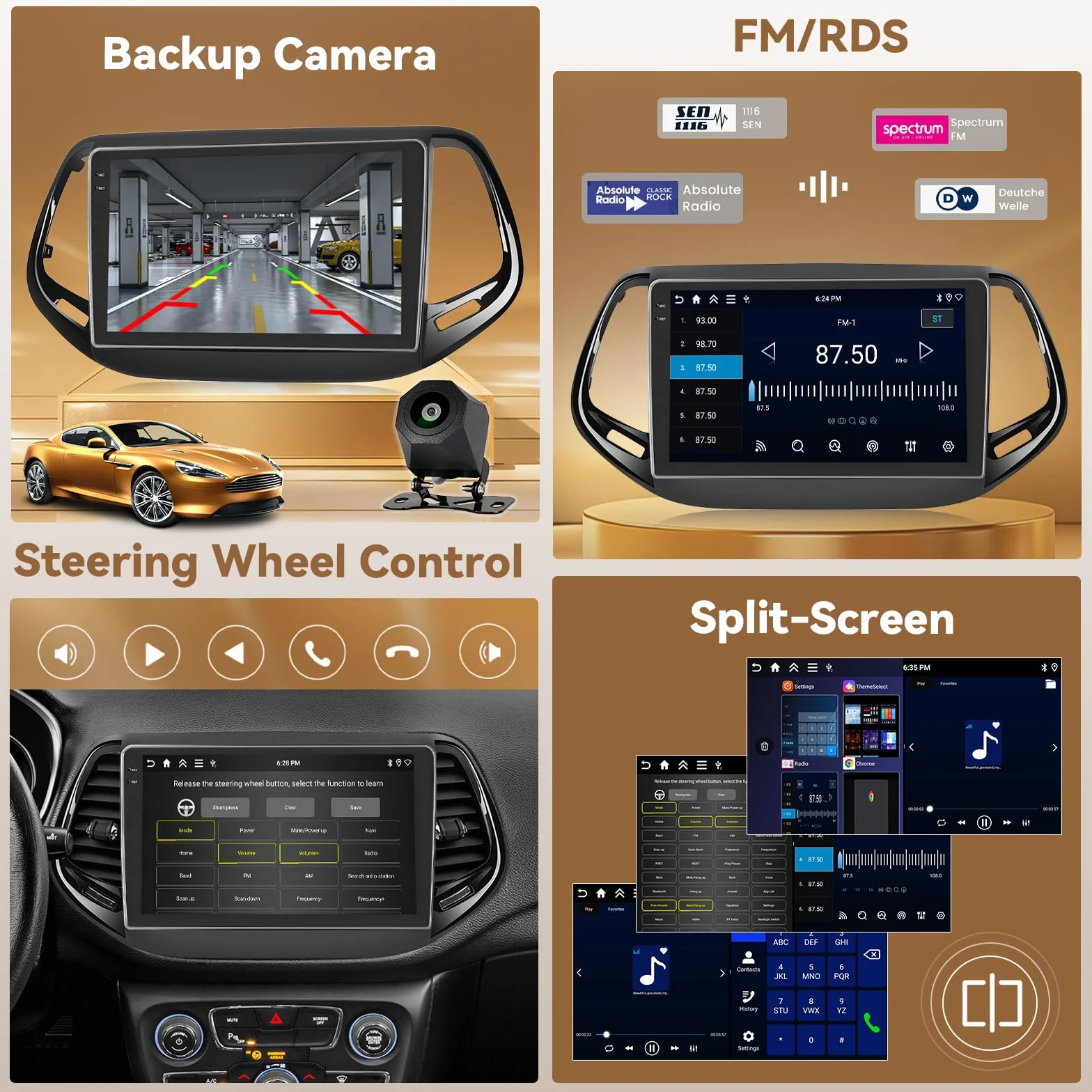 Android 15 4 + 128 G radio samochodowe do Jeep Compass 2017 z ekranem dotykowym 10,1 cala, radio samochodowe 2DIN z bezprzewodowym Carplay Android Auto, FM/RDS Radio BT GPS WiFi kamera cofania