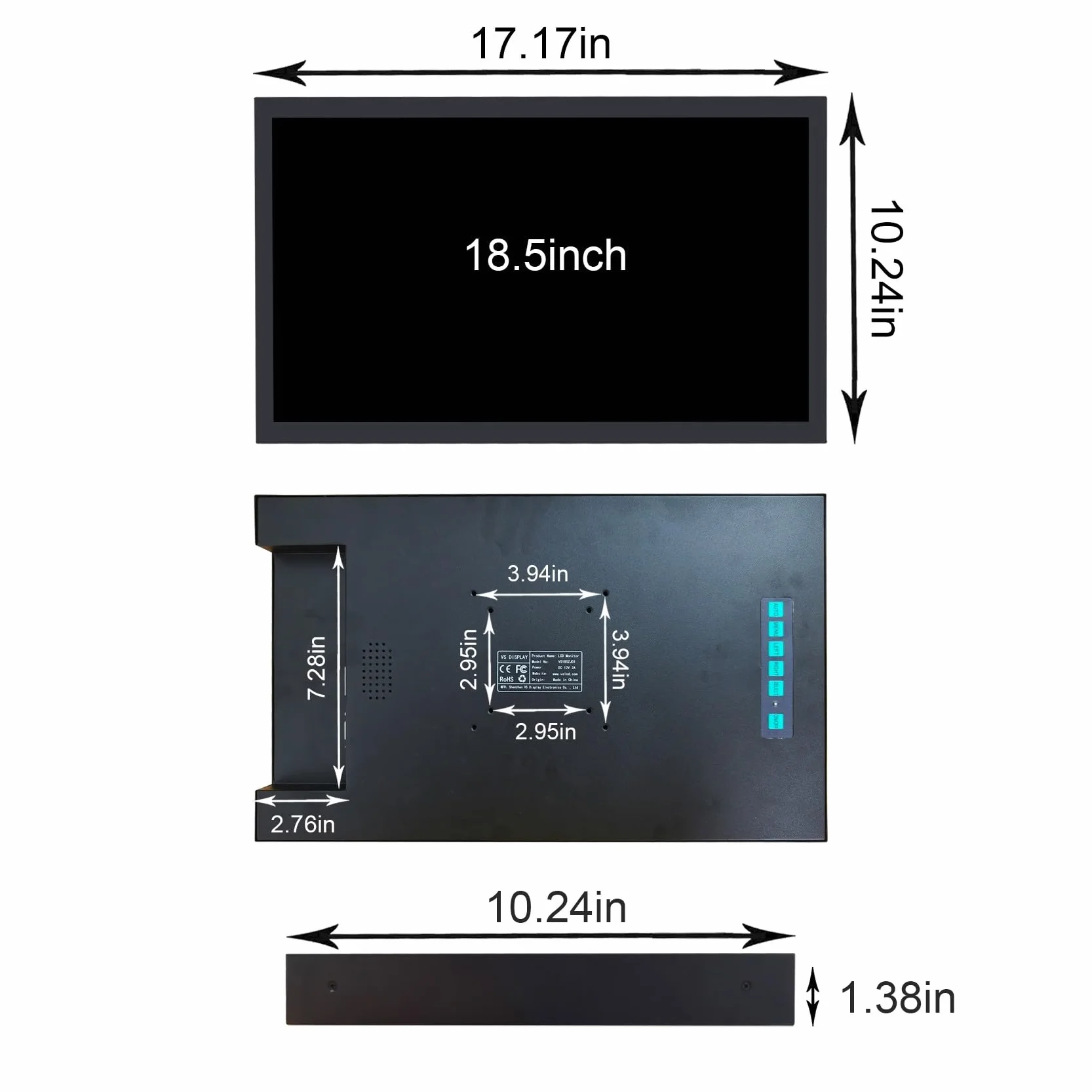 VSDISPLAY Przemysłowy monitor TFT LCD 18,5 cala 1920 x 1080 | port wideo VGA/DVI, metalowa obudowa z uchwytem