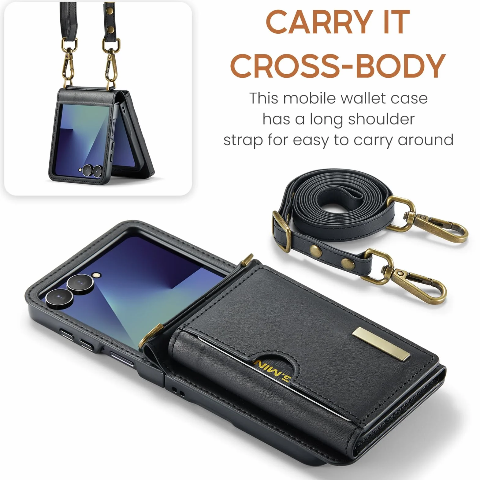 Skórzane etui z klapką do Samsung Galaxy Z 8, etui na karty krzyżowe Vintage długi pasek na ramię i klapka pokrowiec, pomarańczowy, klapka 8