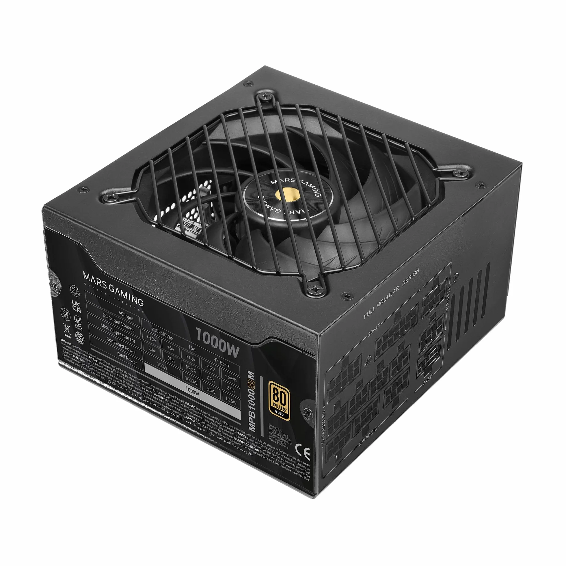Mars Gaming MPB1000SIM, W Pełni Modularny Zasilacz ATX 1000W, 7 Lat Gwarancji, 80Plus Gold 90%, Wentylator SI Extreme Silence 140mm, Technologie AI2-RPM, Japońskie Kondensatory, Czarny