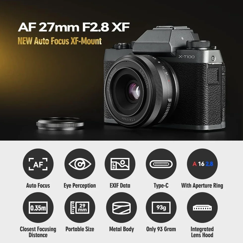 TTARTISAN Obiektyw AF 27 mm F2.8 X z autofokusem, ultrakompaktowy obiektyw Pancake APS-C w całości z metalowym korpusem z pierścieniem przysłony do aparatów X (czarny)