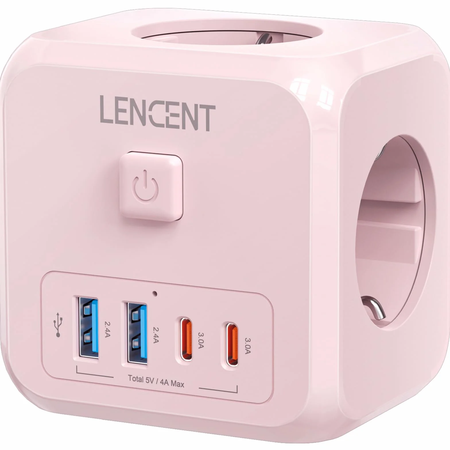 LENCENT Listwa Zasilająca 7 w 1, Listwa Zasilająca 4000 W, Wielokrotne Gniazdko z Przełącznikiem, 3 Gniazda AC, 2 USB-A i 2 Typu C, Rozszerzenie do Biura, Kuchni i Sypialni, Różowa