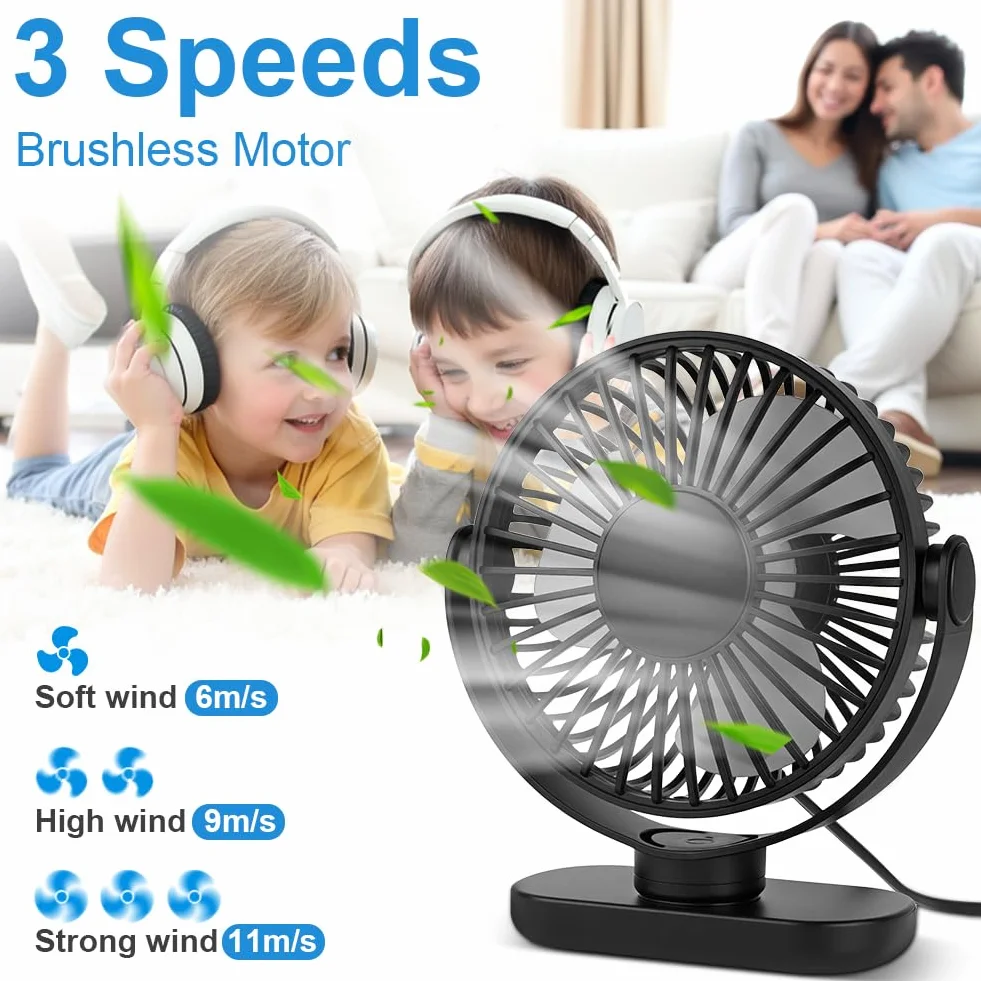 AXFEE Wentylator biurkowy USB, mały chłodzący wentylator stołowy, przenośny, cichy, 3-stopniowy wentylator, obracany o 360°, mocny mini wentylator do biura, sypialni, domu, samochodu (czarny, zasilany