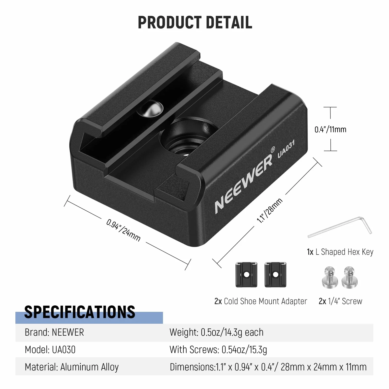 NEEWER Zestaw 2 adapterów montażowych Cold Shoe Mount ze śrubą 1/4" do lampy błyskowej LED, aluminiowy uchwyt na buty z antypoślizgową podkładką zapobiegającą skręcaniu, kompatybilny z uchwytem górnym