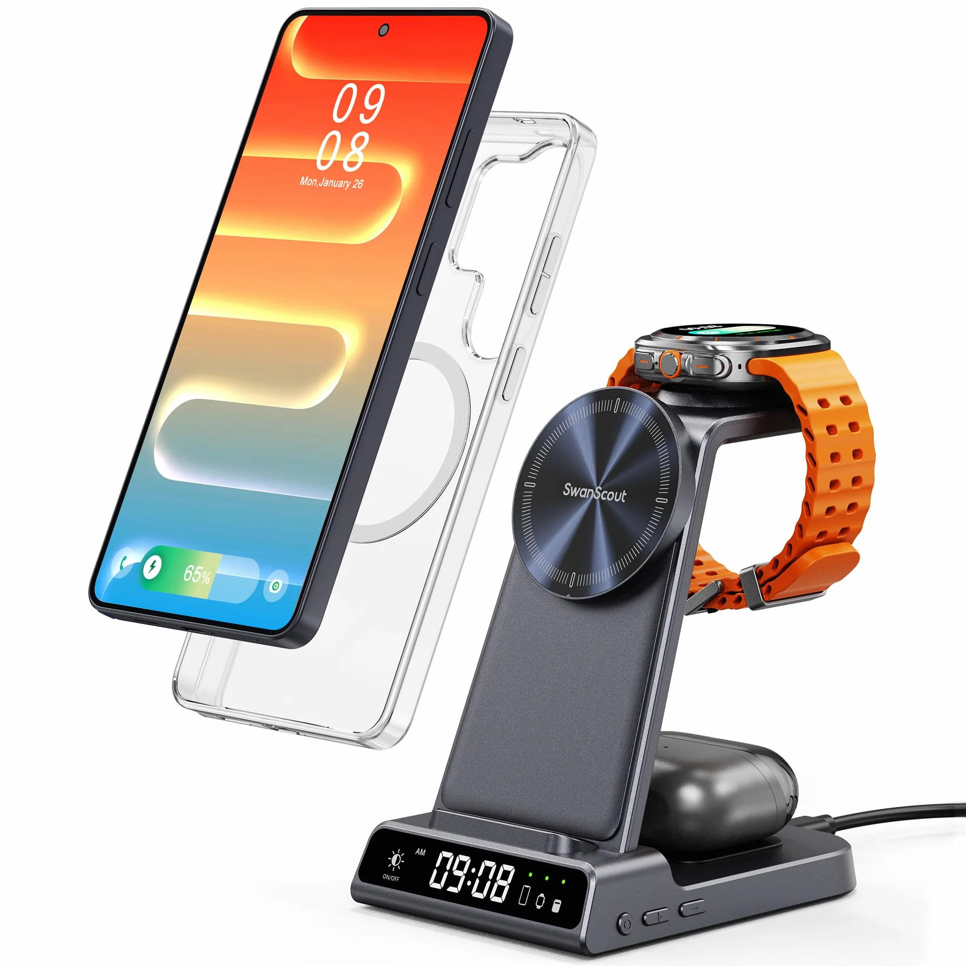 Magnetyczna ładowarka 3 w 1 do Samsung, bezprzewodowa stacja ładująca do Galaxy S25/S24/S23/Note 20/Z Flip/Fold (wymaga magnetycznego etui), podstawka ładująca do Galaxy Watch Ultra/8/7/6 i Buds (bez